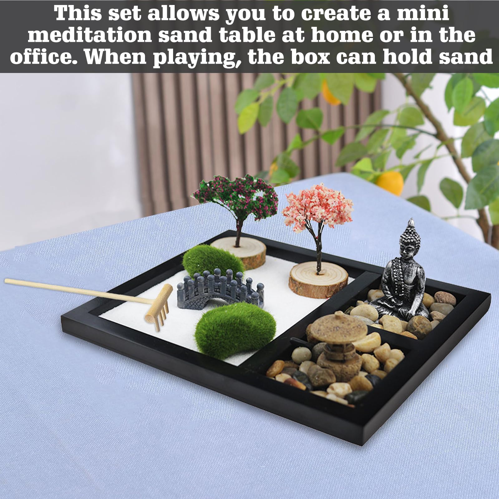 Giardino Zen Da Tavolo In Miniatura - Con Sabbia, Rastrello E Statua Buddha | Per Meditazione E Relax - Foto 2