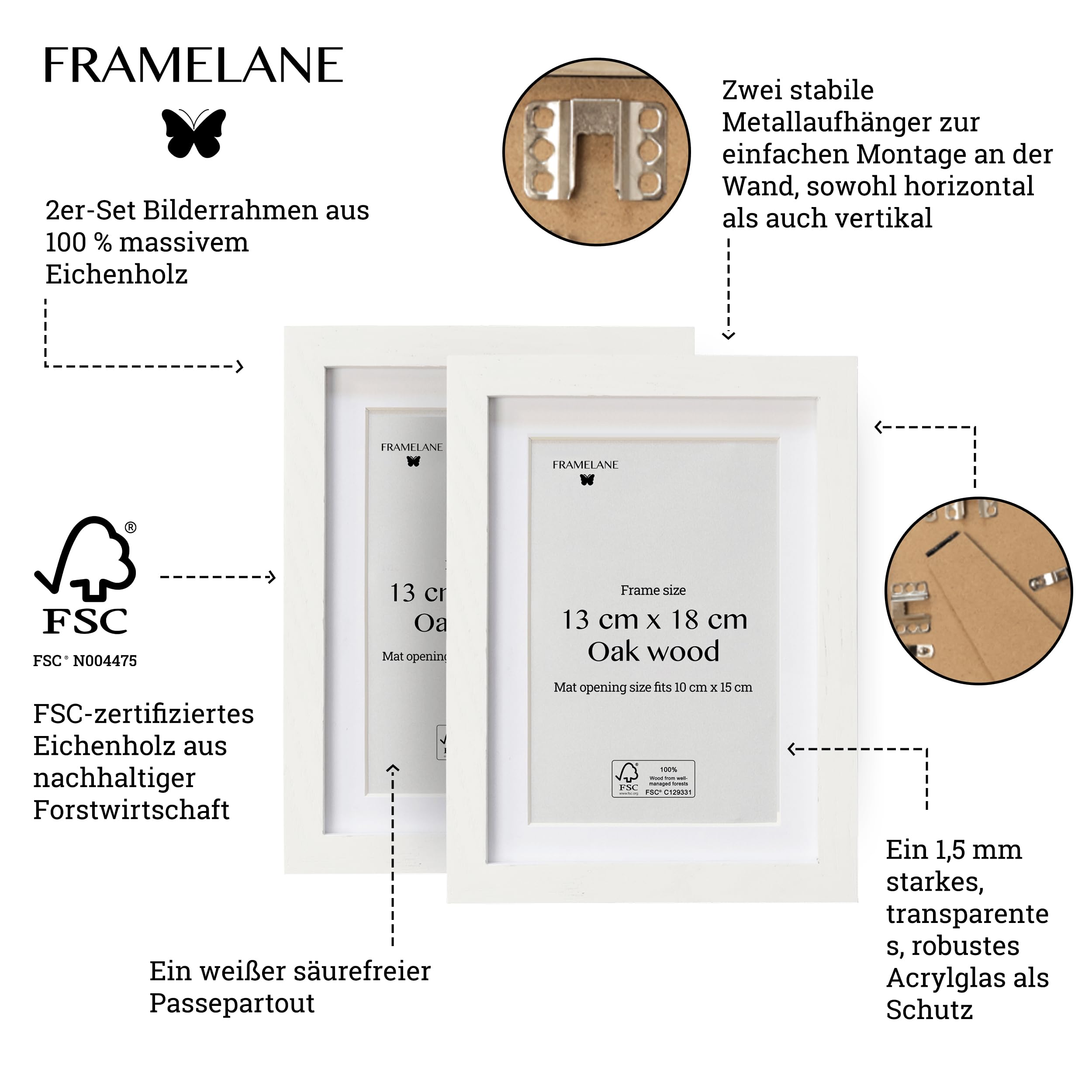 Set di 2 cornici in legno bianco 13 x 18 cm, cornice in rovere bianco, certificato FSC, con cavalletto e clip in metallo