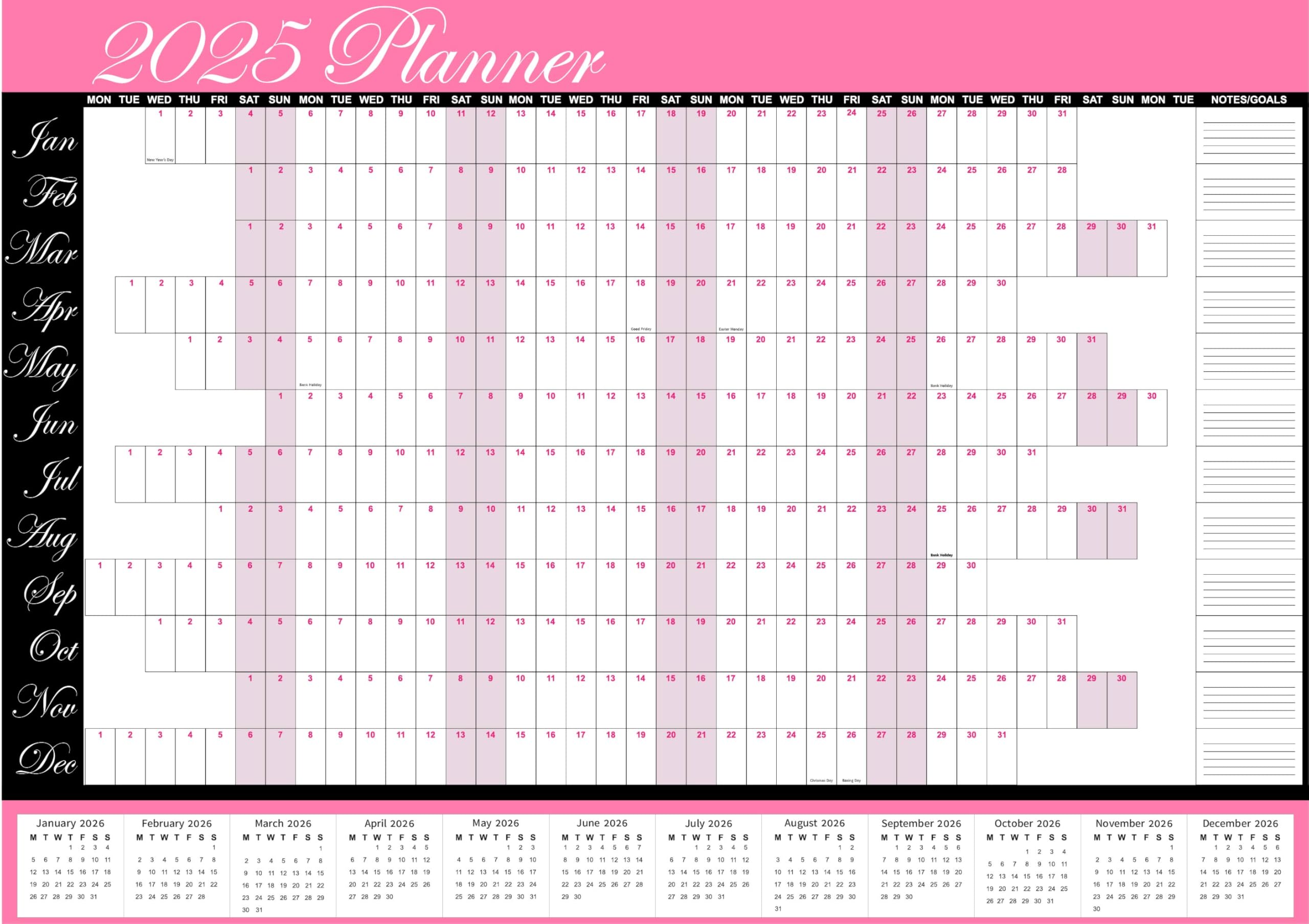 A3 - A1 Year Planner Wall Calendar Home Office Academic Pink Black Holidays (Vinyl, A3)