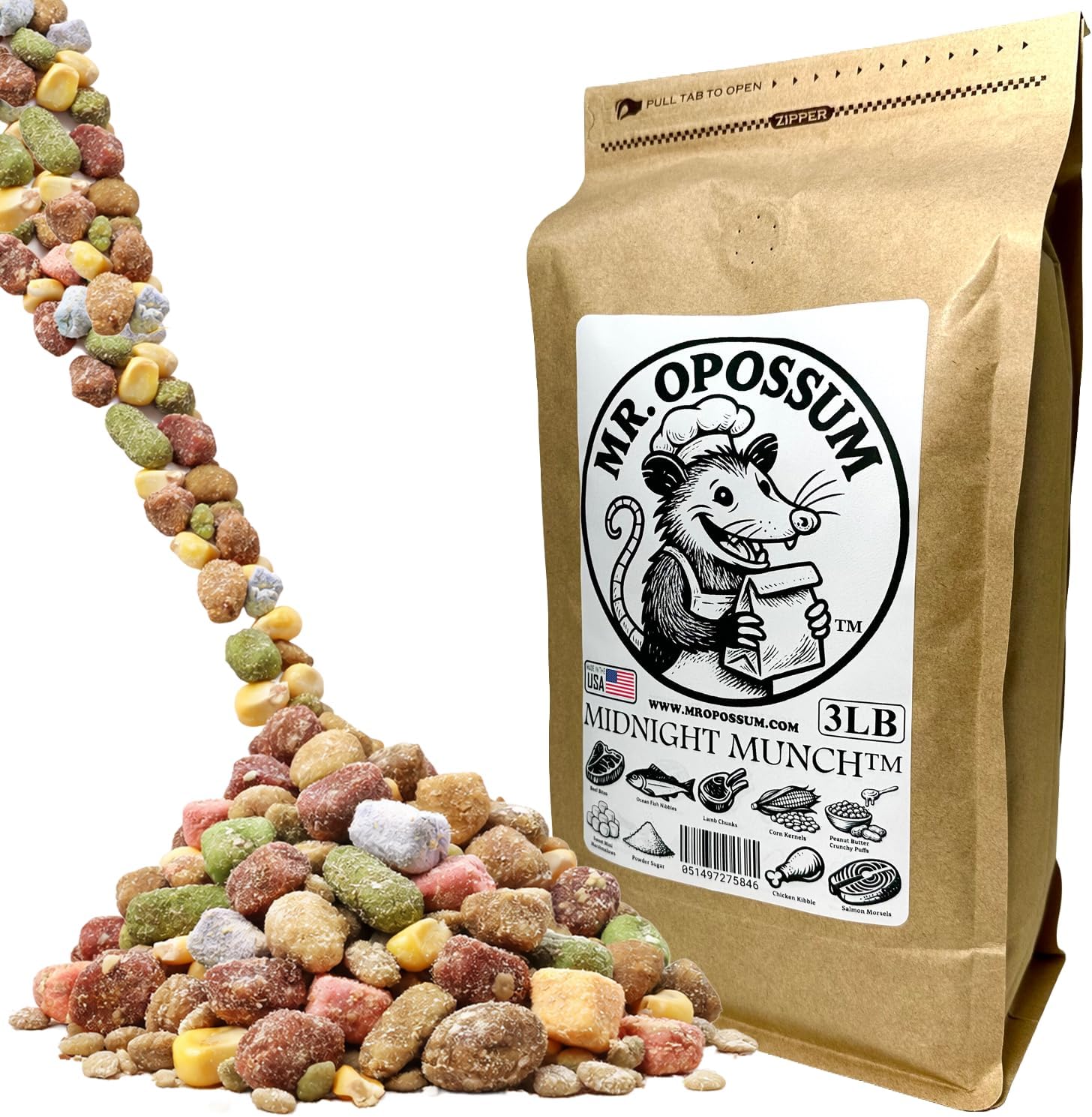 Midnight Munch™ Raccoon and Opossum Food Wildlife Treat Blend Multi Protein Backyard Wildlife Feeding Mix with Beef Lamb Chicken Salmon Corn Peanut Butter Puffs & Marshmallows (3 lb Pouch)
