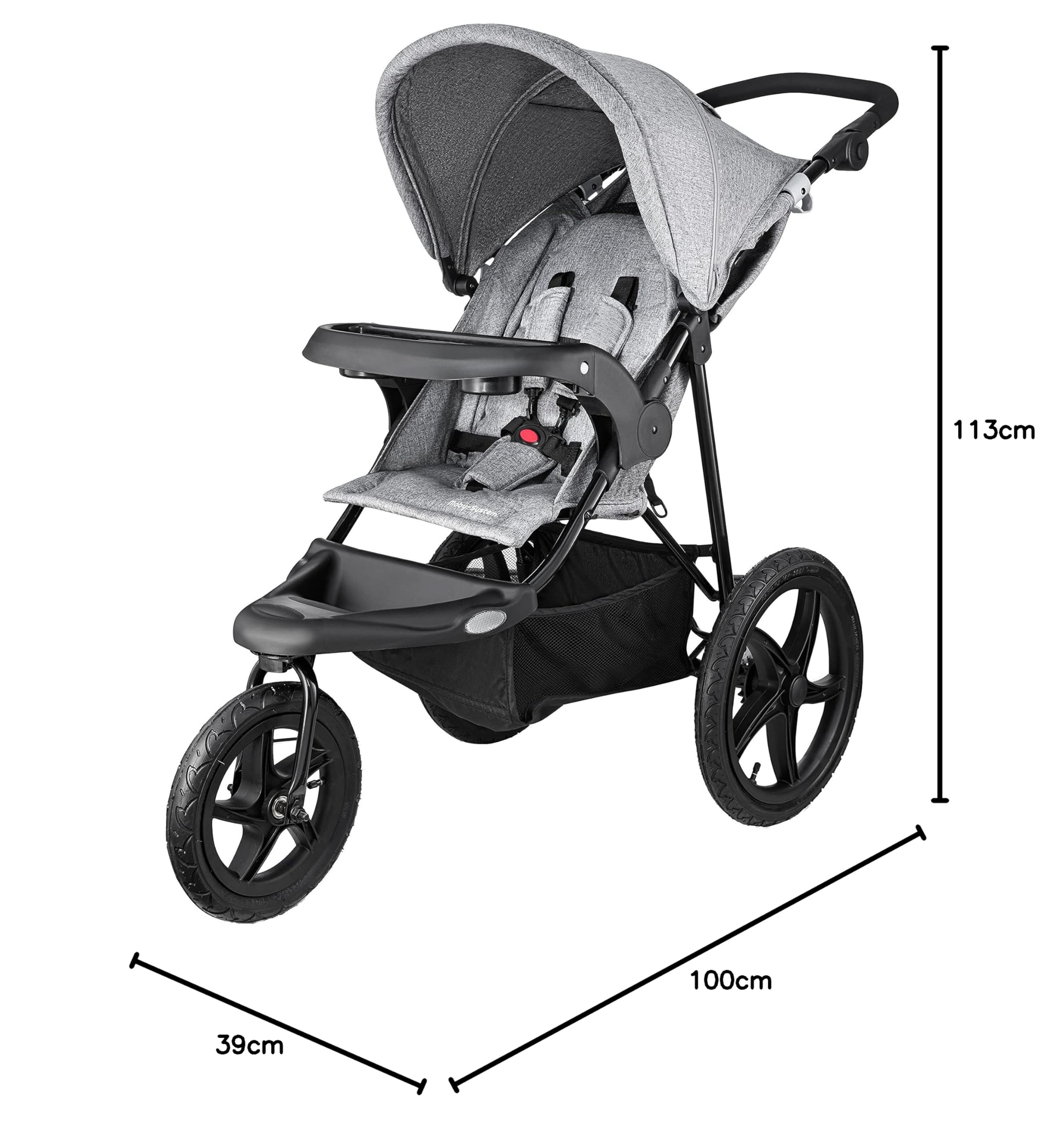 Moby-System Runner Mountain Dreirad-Kinderwagen mit Regenschutz, 5-Punkt-Gurt, Reflektoren - Kinderwagen Zubehör für Kinder bis 15 kg, Grau - Leicht Zusammenklappbar