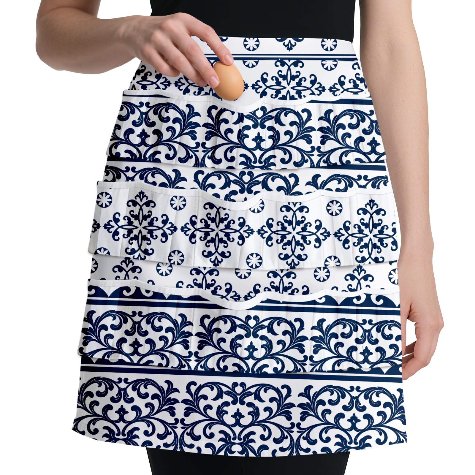 CUTHOLLOW Vintage Blue and White Classic Pattern Egg Collecting Apron for Women, Housewife, 18 Deep Pockets Hen Egg Gathering Holding Apron with Elastic Closures for Farmhouse, Kitchen, Restaurant