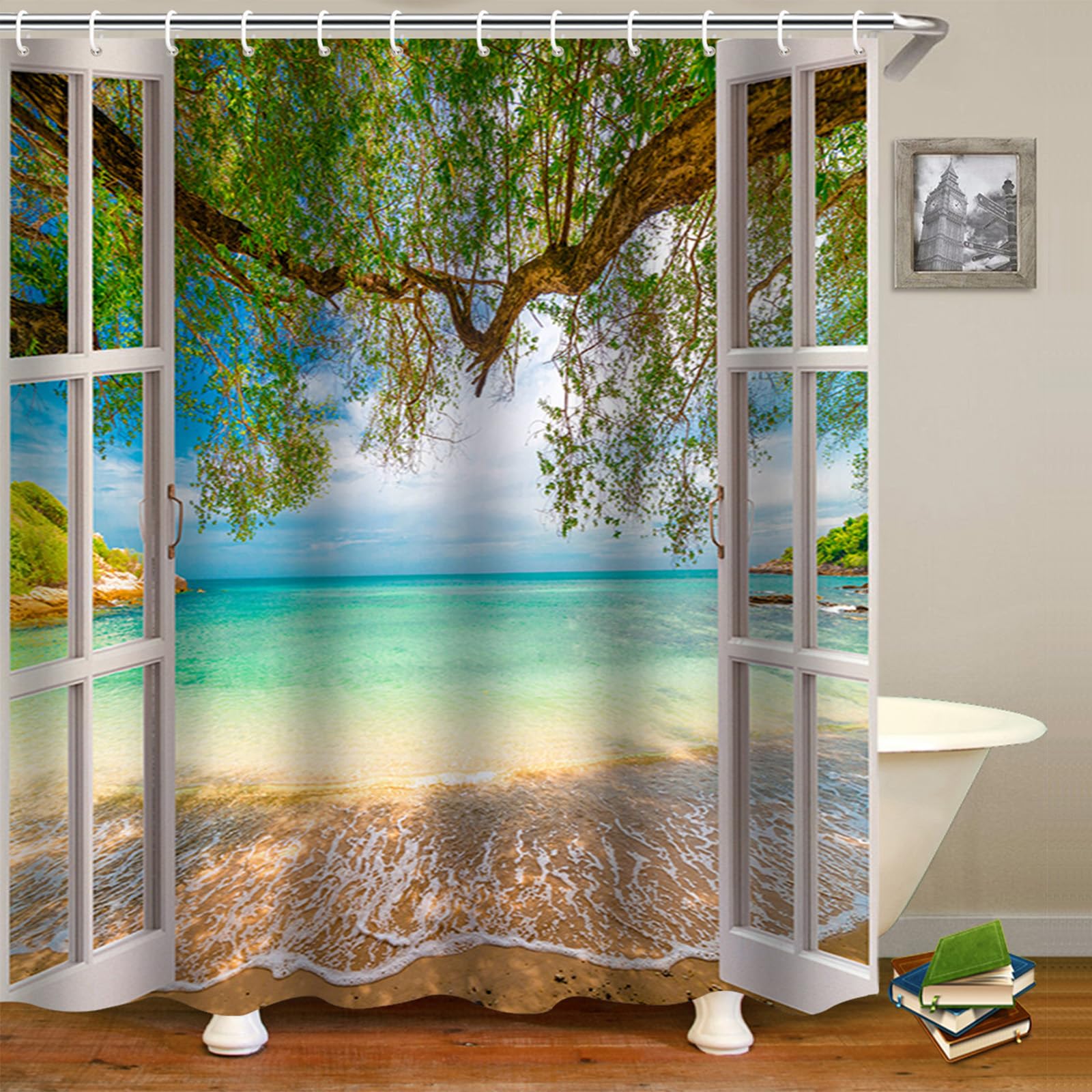 FAIRYGATE Anti Mould Shower Curtain Beach Shower Curtains Waterproof Beach Scene Shower Curtain Set including 12 Hooks for Wet Rooms Bathrooms Outdoor (Beach Pattern 180 * 180cm) B8811