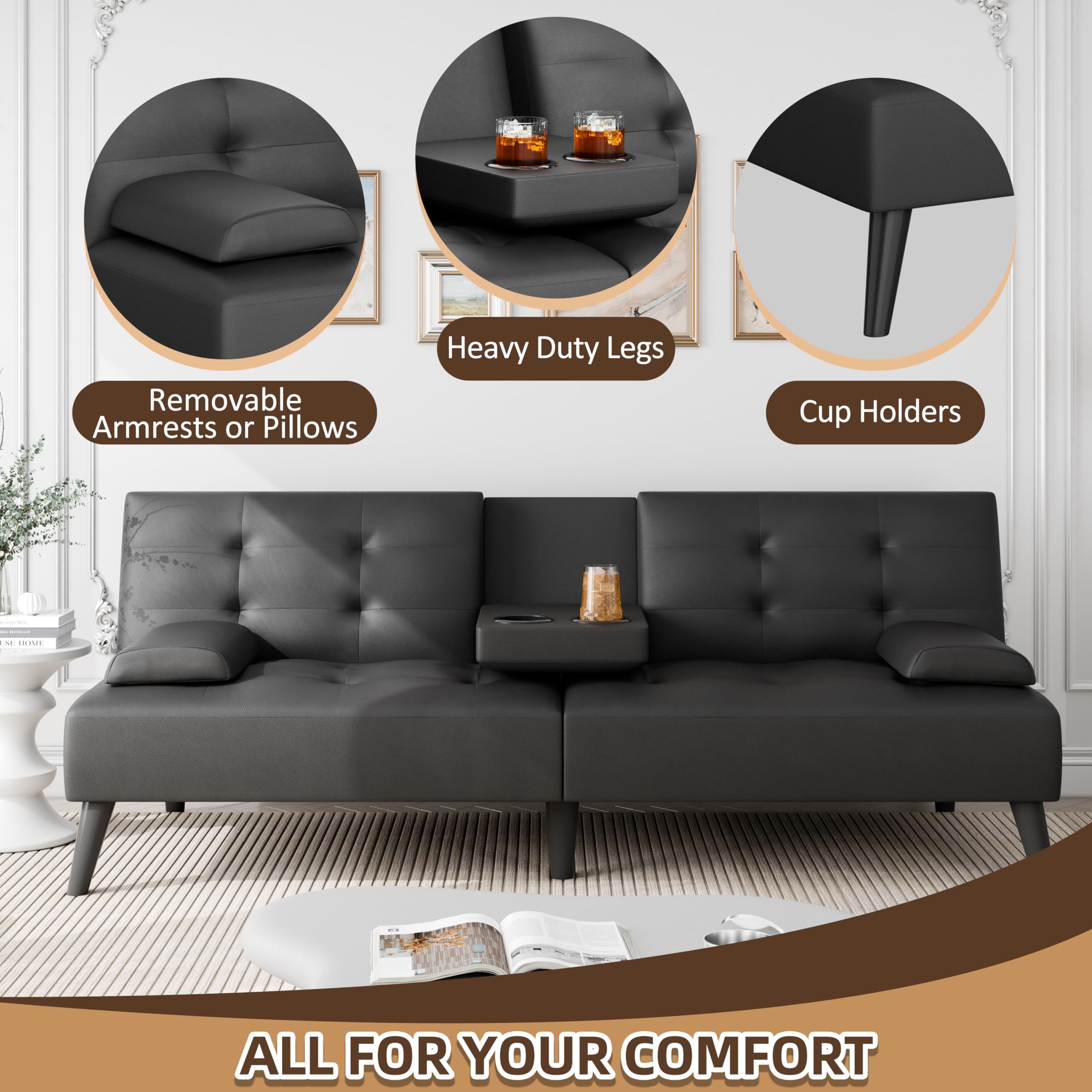 Futon Sofa Bed, 64" Small Futon Couch with Adjustable Backrest, 3-Angle Recliner, Detachable Armrests with Cup Holders for Small Spaces, Living Room, Office, Apartment, (Black Leather)