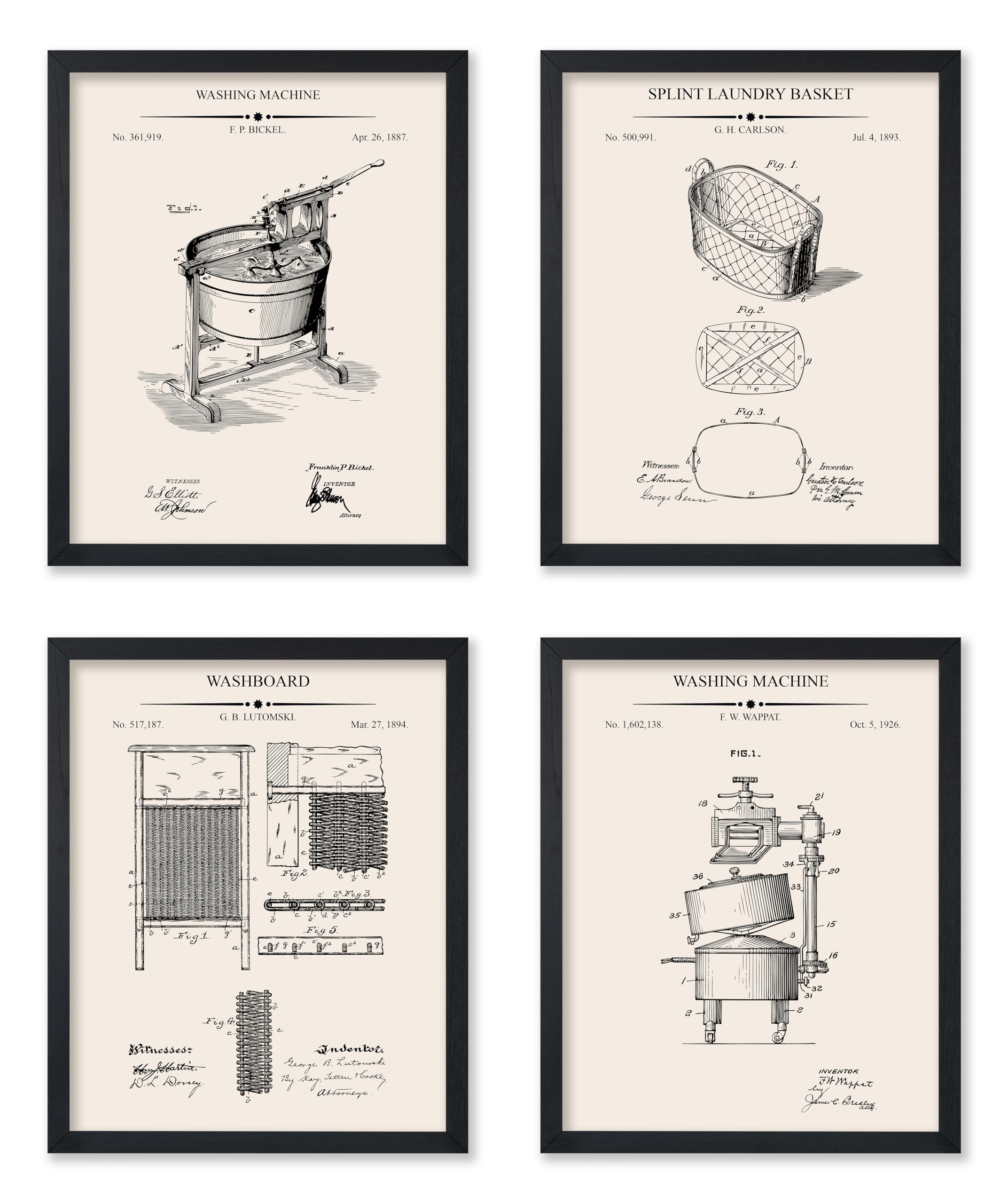Monem Art 4-Piece Laundry Blueprint Poster - Washing Machine Patent Print - Washboard Art - Split Laundry Basket Illustration - Technical Drawing -