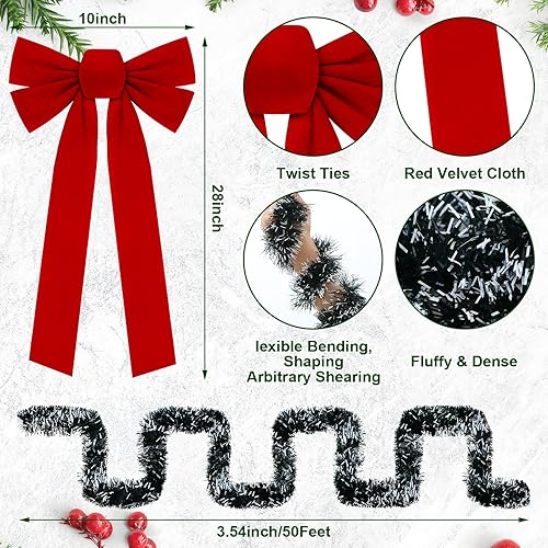 Miniatura 2 de Riceshoot Guirnalda de Navidad de 50 pies con luces y lazos rojos grandes, decoración de valla de Navidad, guirnalda de Navidad artificial con 8