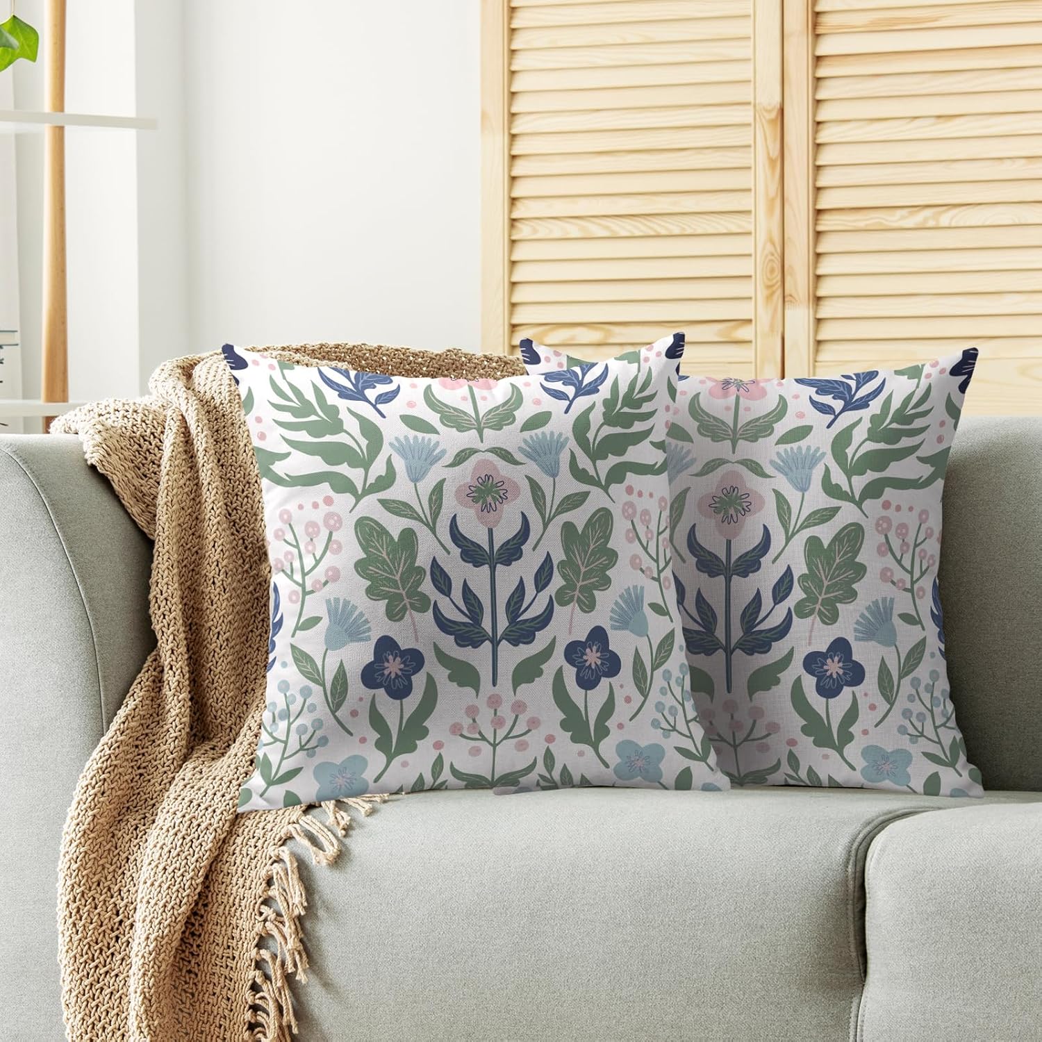 Blue Green Floral Pillow Covers 18x18 Set of 2 Spring Summer Navy Pink Flower Sage Leaves Block Print Decorative Throw Pillow Cases Outdoor Farmhouse Decoration for Sofa Couch Bed - Image 2