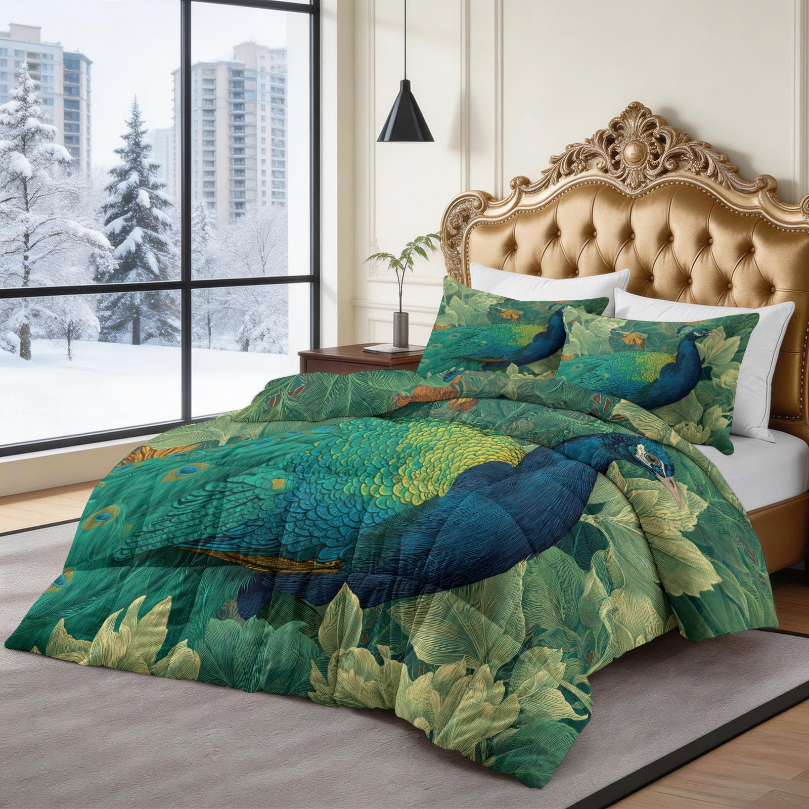 Piumino 4 Stagioni 150x200 cm Pavone Verde Trapunta Copriletto Imbottito Leggero in Microfibra Soffice, Trapuntino Stampa Reversibile Estate e Inverno