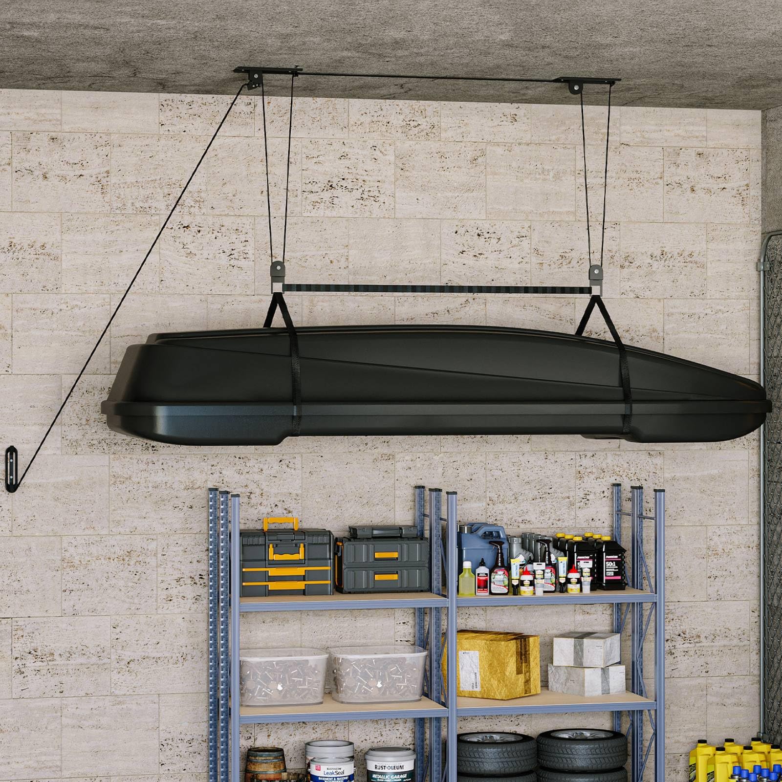 PrecisionAuto Cargo Box Garage Pulley System, Professional Heavy-Duty Ceiling Hoist for Rooftop Cargo Boxes & Large Storage Bins, 150 Lb Rated Capacity, Fits 10–14 ft Garage Ceilings