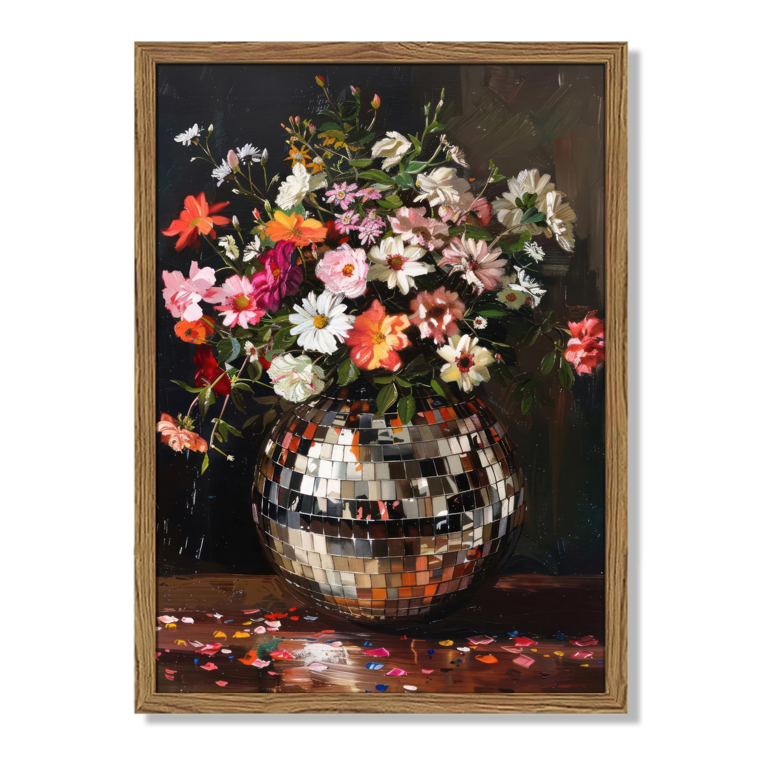 Vintage Framed Disco Ball Florals Wall Art, Funky Colorful Flower Vase Pictures Wall Decor Paintings, Maximalist Eclectic Canvas Prints Aesthetic Home Decor for Bedroom Living Room Bathroom-40x60 cm