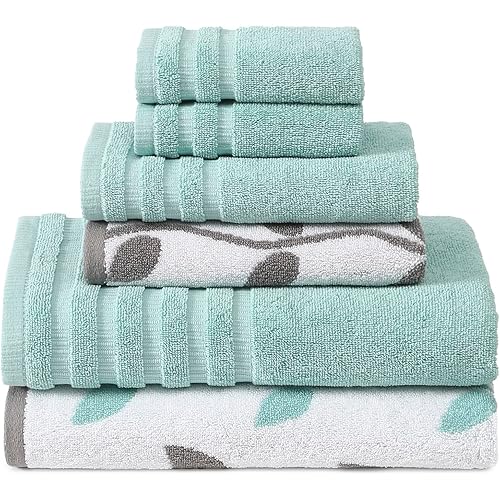 Modern Threads Organic Vines 6-Piece 100% Cotton Towel Set – Yarn Dyed Jacquard & Solid – Includes 2 Bath Towels, 2 Hand Towels, 2 Washcloths – Absorbent, Quick Dry, Soft & Durable – Aqua