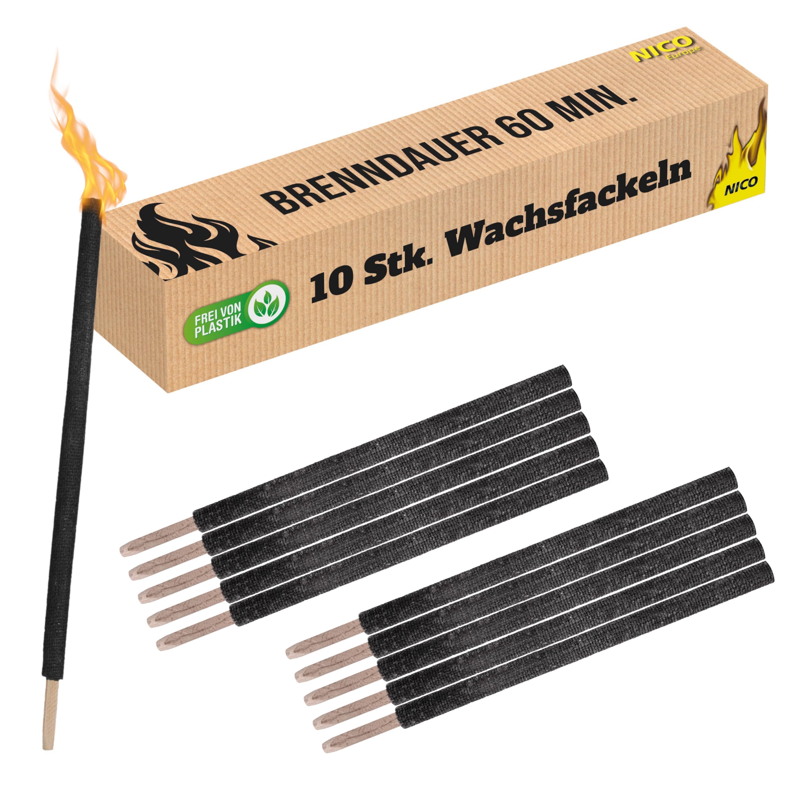 10 Stück Wachsfackeln, Brenndauer 60 Min. I hochwertige Fackeln aus Wachs mit Handschutz I Garten-Fackel für Outdoor Party, Event, Nacht-Wanderung