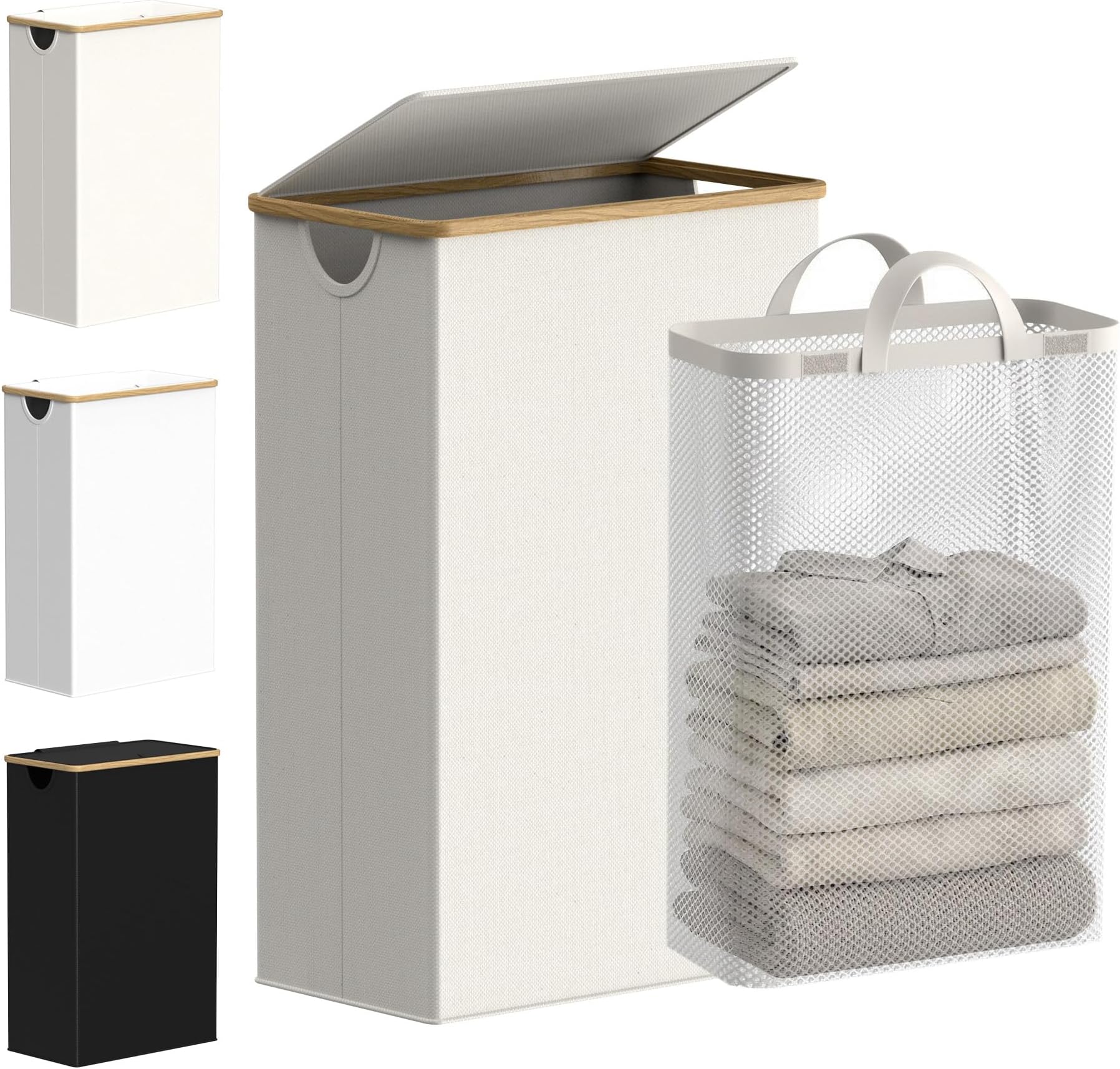 efluky Slim Laundry Basket with Lid, Narrow Laundry Hamper with Removable Bag, Skinny Dirty Clothes Basket with Bamboo Handles for Bathroom, Bedroom & Laundry Room, 75L Beige
