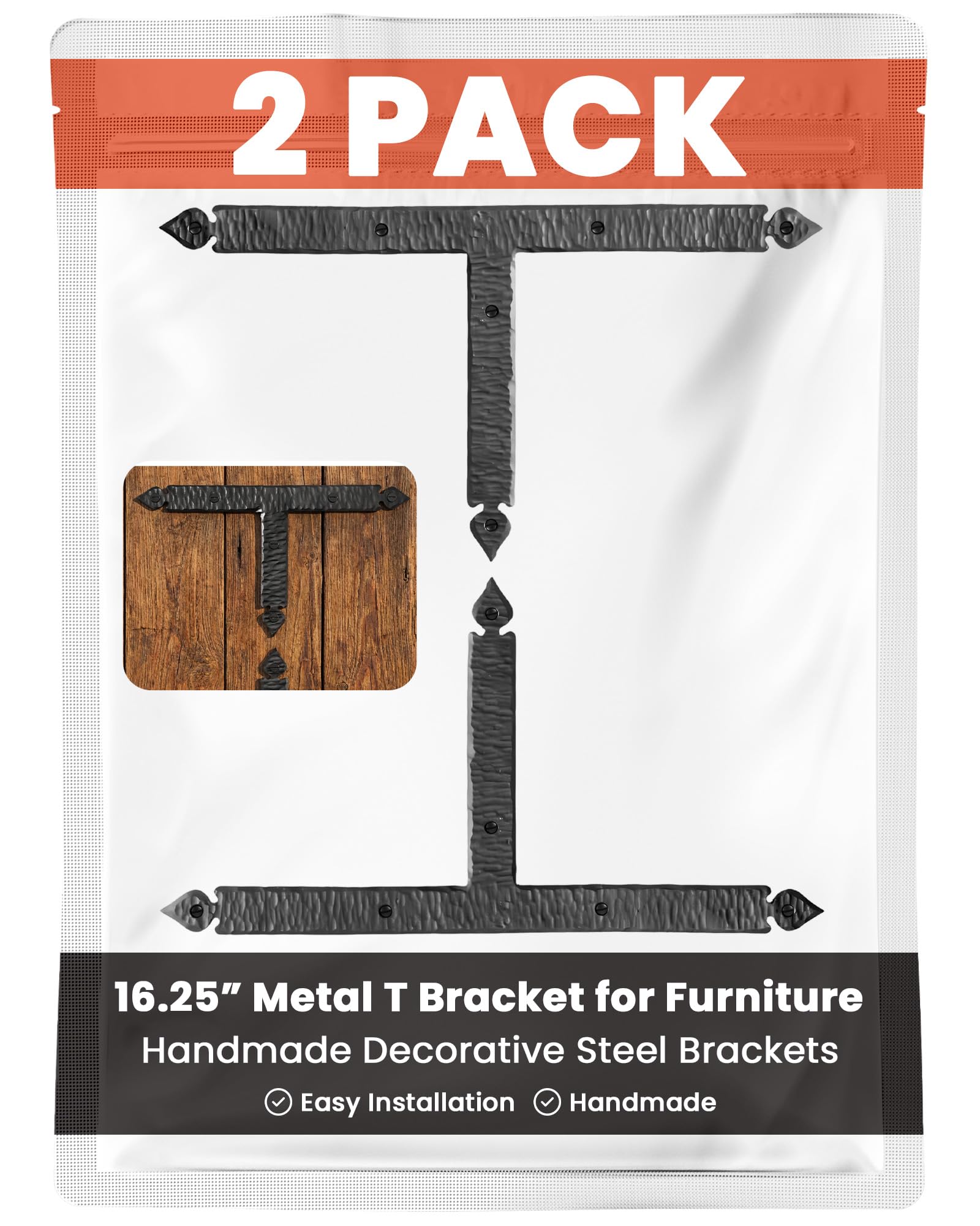 2 Pack 16.25" Metal T Bracket for Furniture - Black - Handmade Decorative Steel Brackets - Rustic Metal Corner Brackets for Front Doors, Gates,