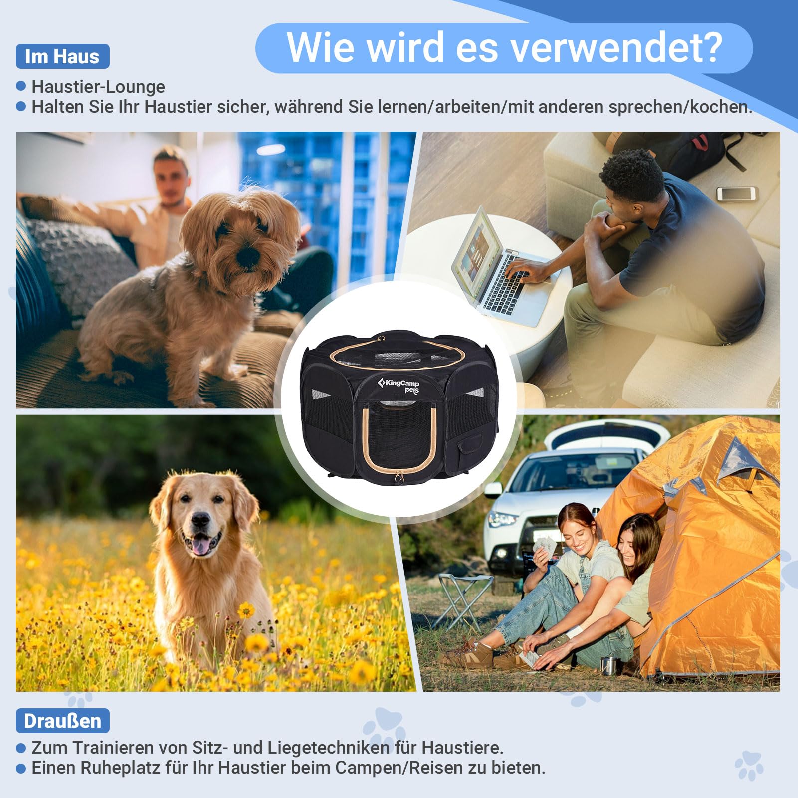KingCamp Welpenlaufstall 74cm,Stabiler Hundelaufstall für Wohnung & Outdoor,Faltbar & Tragbar 600D Oxford Gewebe Welpenauslauf mit abnehmbarem Boden & 4 Heringen,Hundegehege für Welpen, Katzen