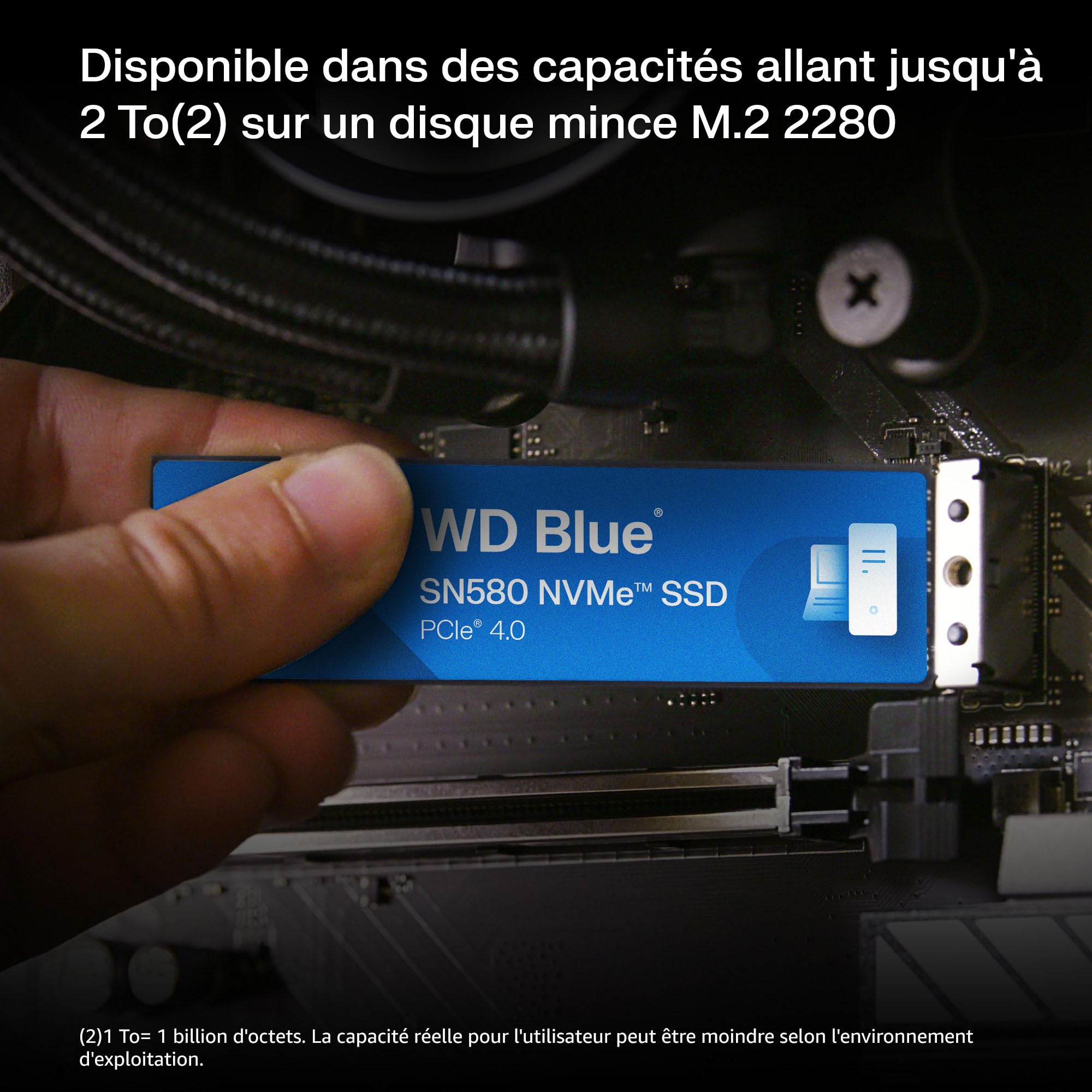 WD Blue SN580 M.2 NVMe SSD 500 Go, PCIe Gén. 4 x4, avec vitesse de lecture jusqu'à 4 000 Mo/s.