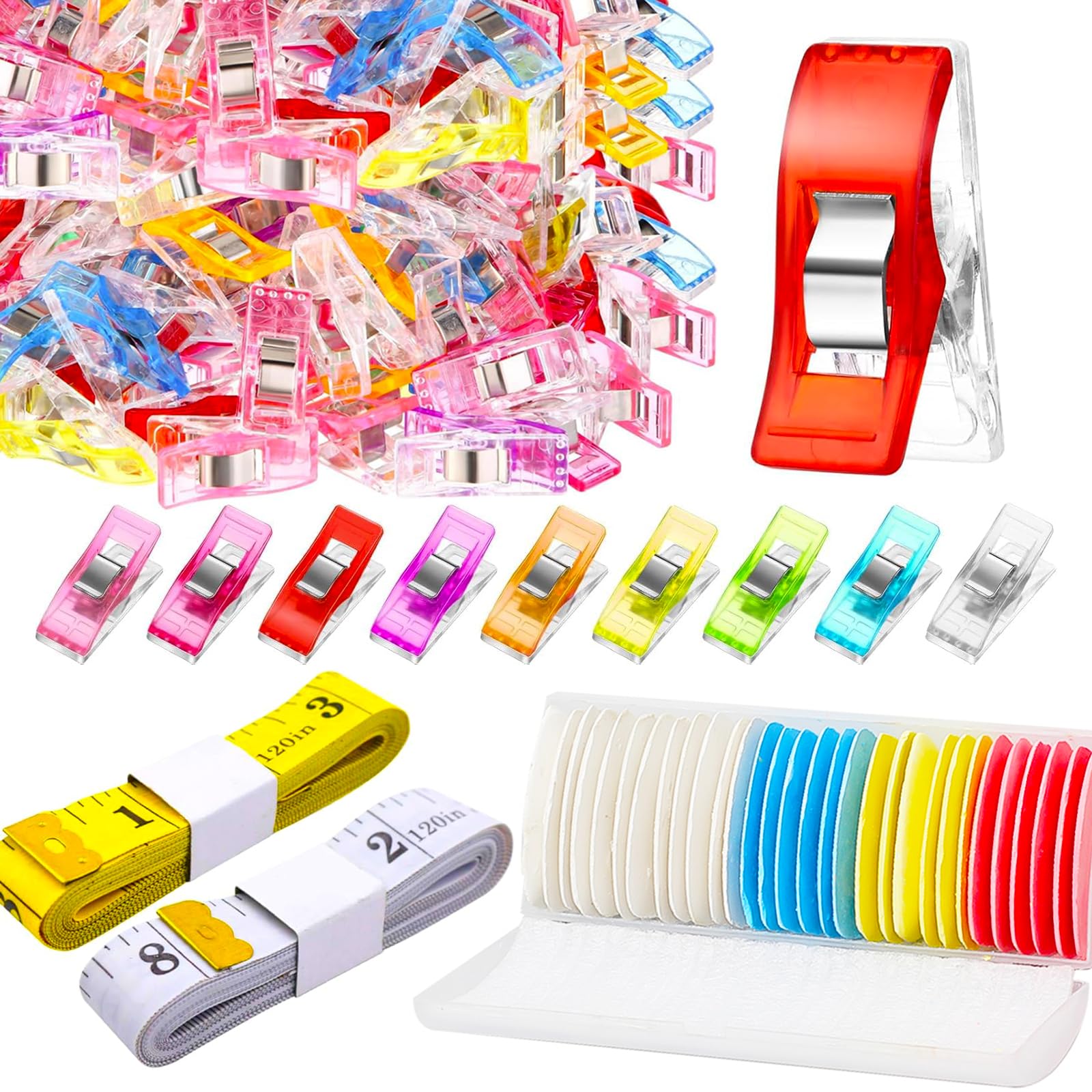 100 Pcs Sewing Clips for Fabric and Quilting/ 40 Pcs Sewing Chalk/ 2 Pcs Fabric Tape Measure/Sewing Supplies 3-Piece Set/Suitable for Size Measurement, Marking, and Fixed Fabric.