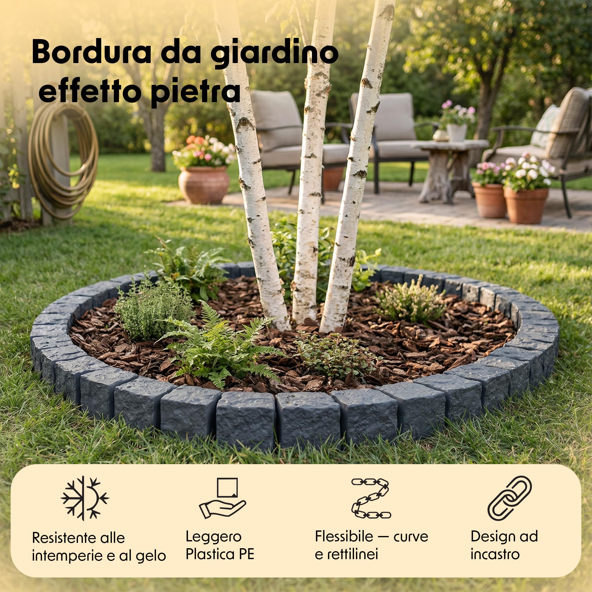 Bordo per prato, effetto granito, 1,2 m, antracite, in plastica, 10 x 10 x 10 cm, per aiuola, recinzione da giardino, recinzione per aiuola, resistente alle intemperie