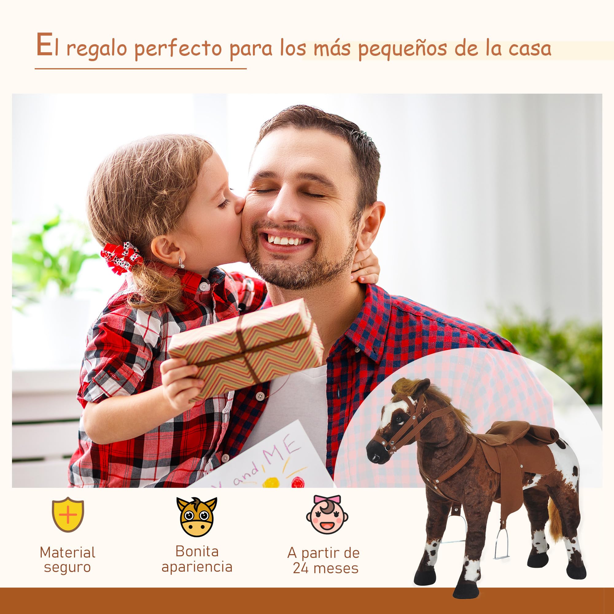 HOMCOM Caballo de Juguete Niños Mayores de 2 Años con Silla Sonidos Realistas y Estructura de Metal Carga 60 kg 85x28x60 cm Marrón