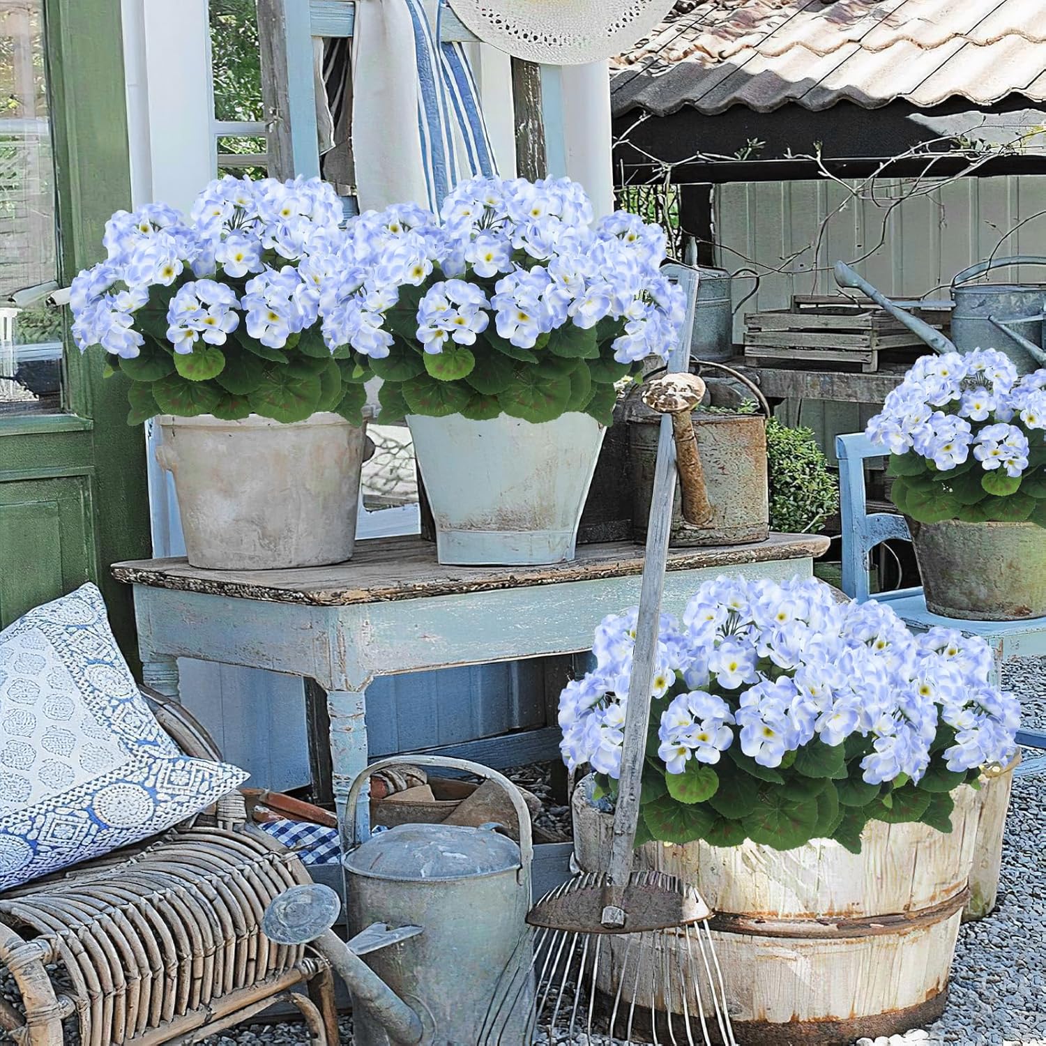 3 Pcs Artificial Geraniums Flowers Silk Geraniums for Outdoors UV Resistant Blue Artificial Geranium Bush Faux Flowers Plant for Planter Garden Home Decor Indoor Patio Vase Table Centerpiece - Image 7