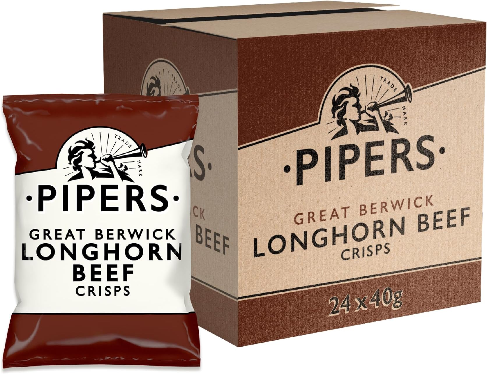 Pipers Crisps | New Flavour | Berwick Longhorn Beef | Full Case | Gluten Free, 40 g (Pack of 24)