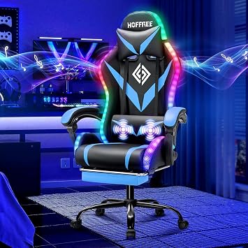 HOFFREE LED Gaming Chair with Speakers RGB Lights Computer Chairs-Blue