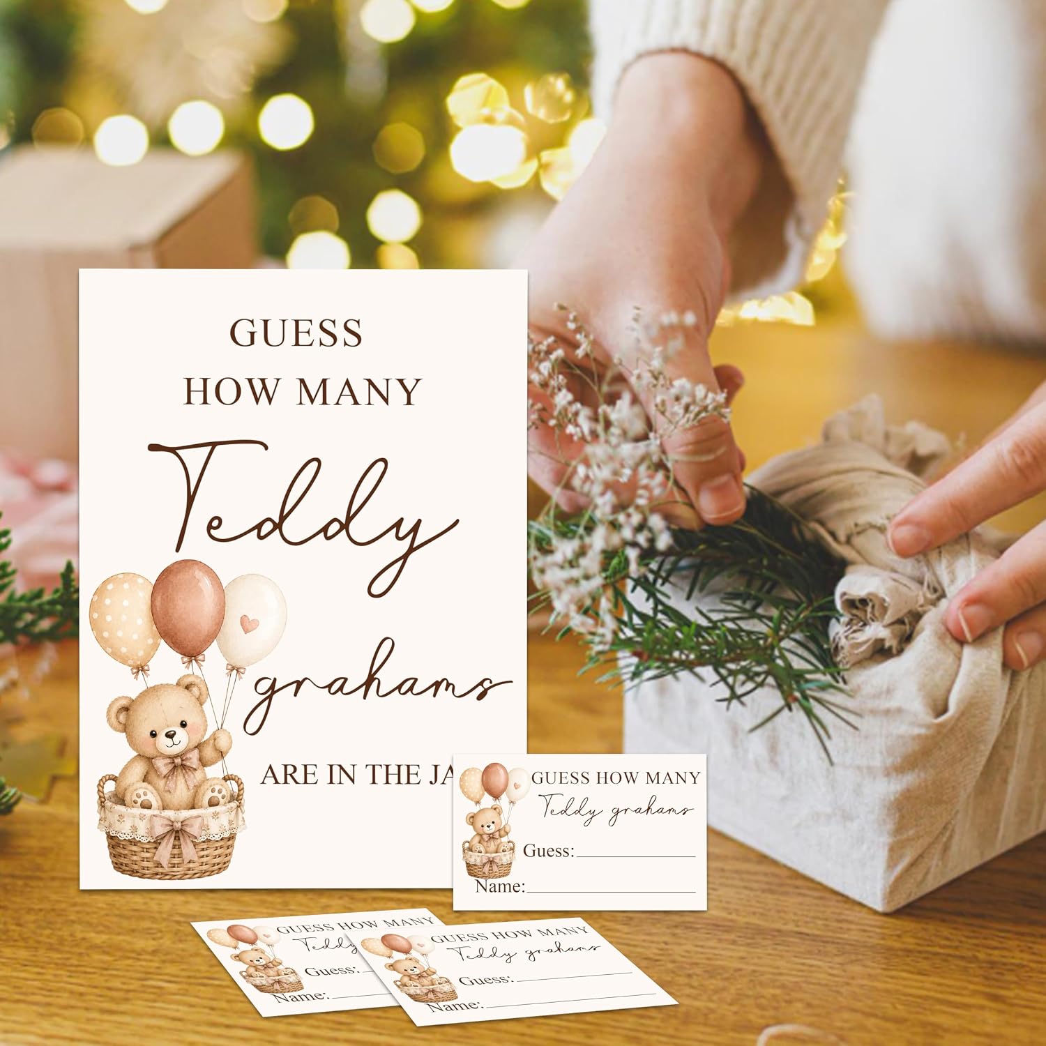 Guess How Many Bear Cookies Baby Shower Game, 50 Guest Guess Cards with 5 x 7 Inch Standing Sign, Neutral Teddy Bear Balloon Party Activity, Baby Shower Decoration Supplies for Boys or Girls - A02 image 3