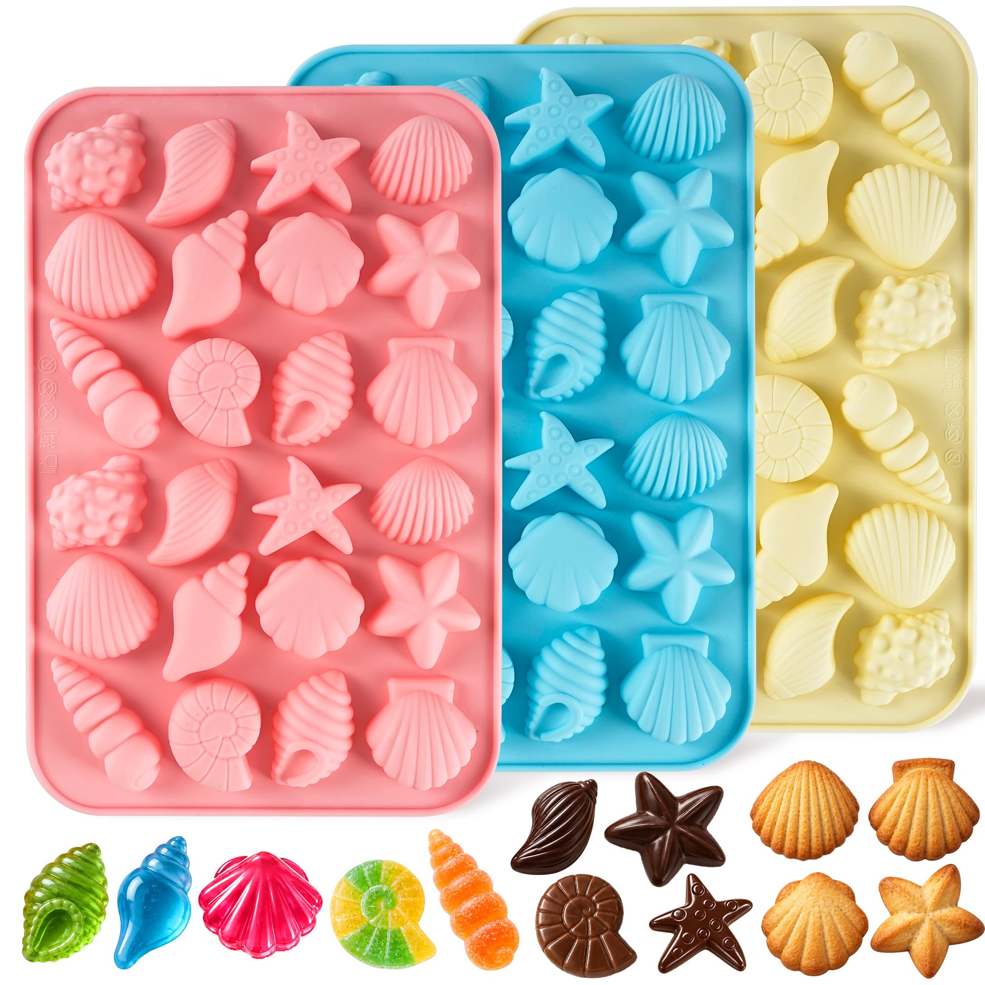 Seashell Silicone Mold for Chocolate,3PCS 24-Cavity Non-Stick Ocean Theme Chocolate Mold for Candy,Gummy,Cake Decorations
