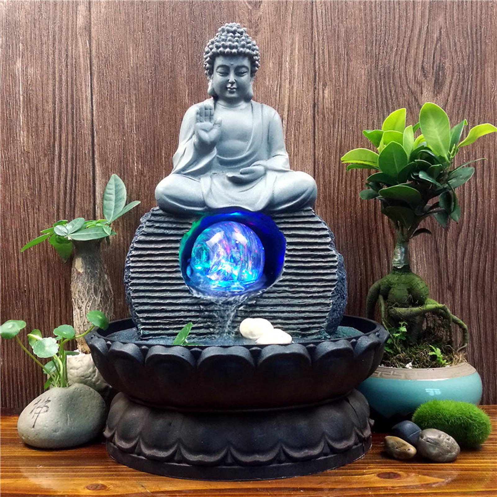 Fontaine de Statue de Bouddha en Résine avec Lotus, Fontaine d'eau de Table d'intérieur Humidificateur - Fengshui Décoration pour Bureau, Maison, Jardin et Terrasse,Gris,Buddha D