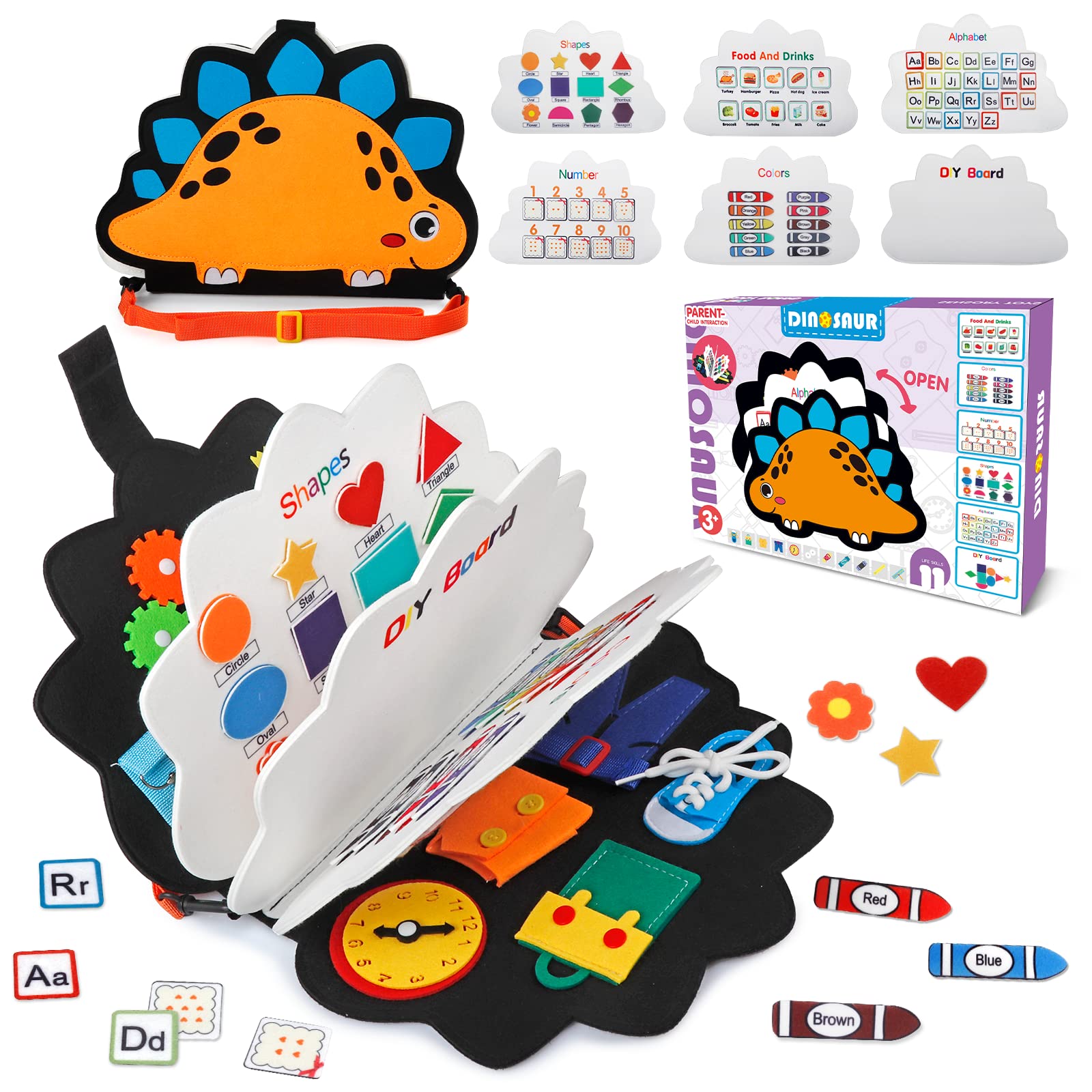 Busy Board for Toddlers,Montessori Toy Dinosaur Quiet Book,Preschool Learning Activities Travel Toy Game,Autism Educational Developing Sensory Board for Fine Motor Skills,Birthday Gift for Boys Girls