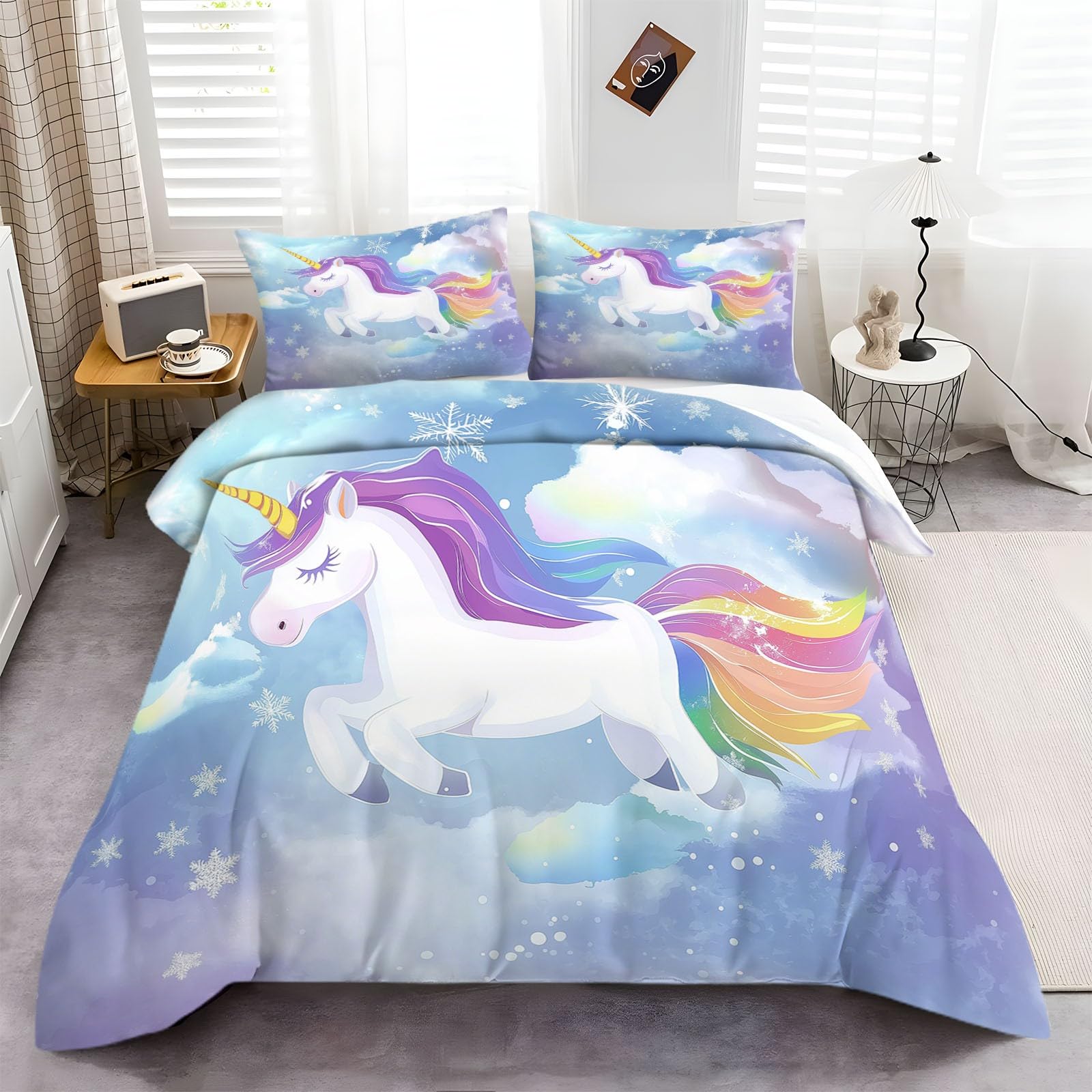 Funda nórdica 150 x 200 cm Estilo Acuarela, Juego de Ropa de Cama para Unicornio De Pelo Largo con Los Colores del Arcoíris 3 Piezas, Incluye 1 Funda nórdica y 2 Fundas de Almohada 50 x 75 cm