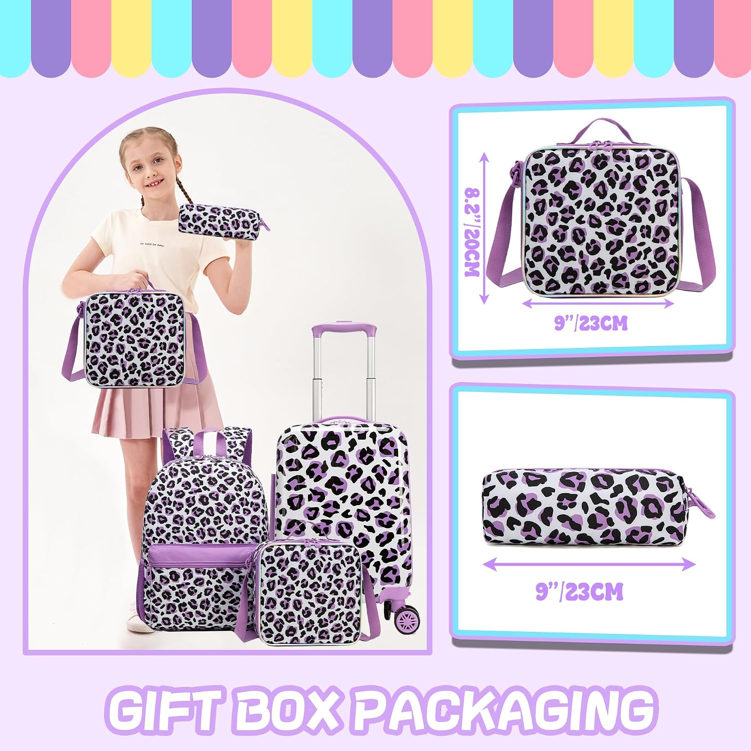 Kids Carry on Luggage Set 5 Piece Kids Luggage with Wheels Backpack with Lunch Box 16" Toddler Suitcase for Girls Airline Approved (Purple Leopard)