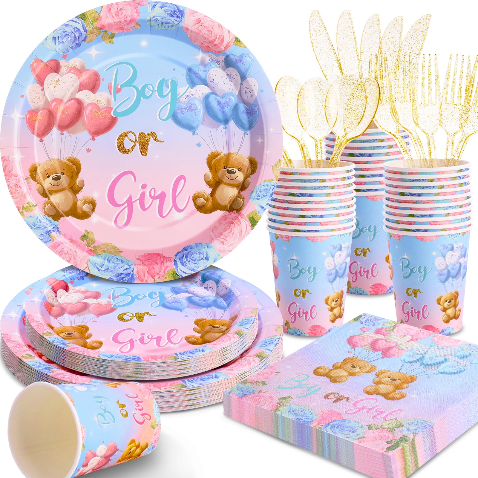 Gudvilla Gender Reveal Plates and Napkins Party Supplies for Baby Bear Gender Reveal Decorations,Gender Reveal Plates and Cups and Napkins Sets Serve