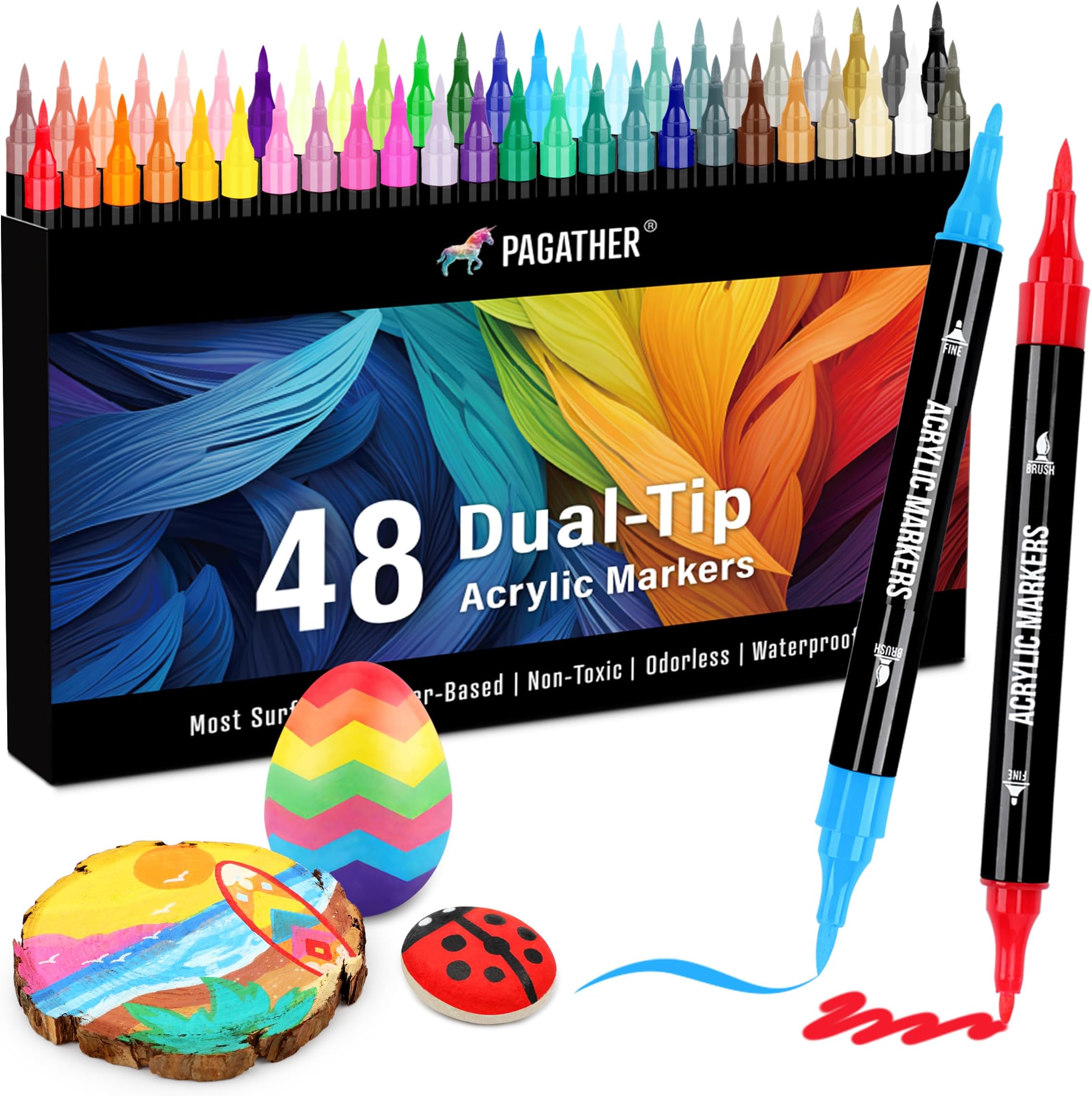 Pagather 48 Colors Acrylic Paint Markers, Dual Tip with Fine Tip and Brush Tip Pens for Stone, Wood, Calligraphy, Canvas, Ceramic, Metal, Glass, Rock Painting, DIY Crafts