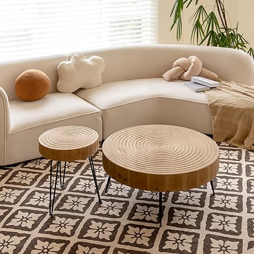 Miniatura 6 de LONYKE 2-Piece Boho Farmhouse Nesting Table with Handcrafted Wood Ring Motif, Round Natural Finish Coffee Table Set for Living Room, French Country