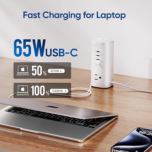 Miniatura 6 de Protector de sobretensiones de torre con enchufe plano TenTrend con 3 salidas AC y 8 puertos USB (4 USB-C), estación de carga rápida de 115 W para