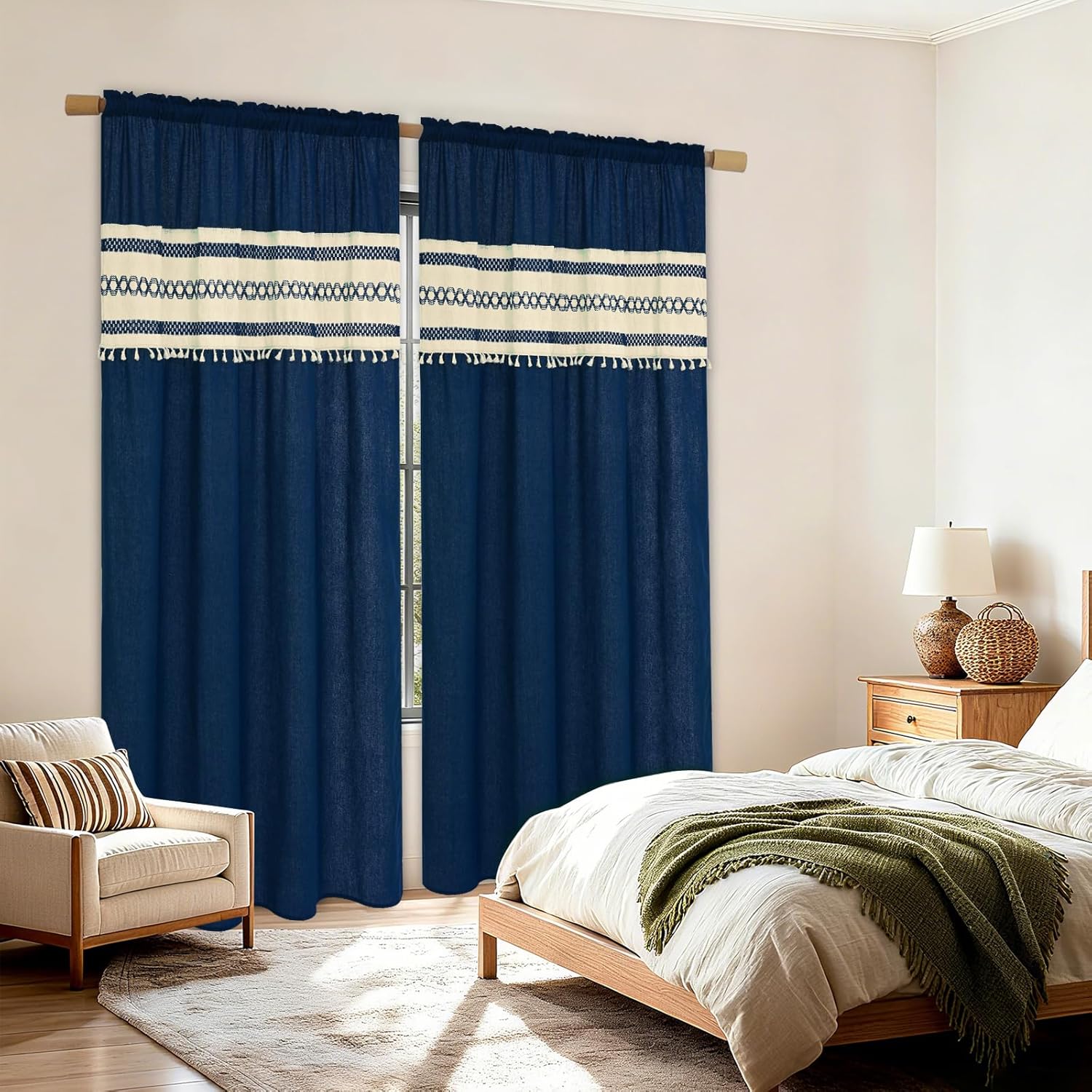 FRAMICS Linen Curtains for Living Room Farmhouse Curtains for Bedroom Blue Window Curtain Boho Crochet Drapes 84 Inch Length 2 Panels Set Light Filtering Rod Pocket Window Treatment