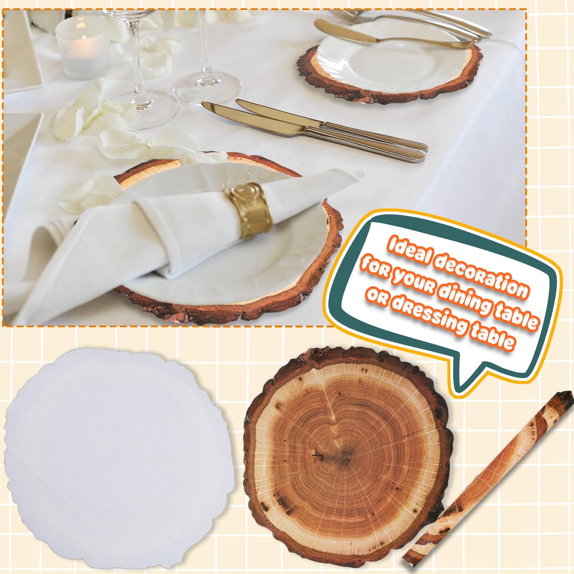 120 manteles individuales desechables de madera de 11.8 pulgadas, cargadores de madera redondos rústicos para cena familiar, boda, cumpleaños, fiesta temática campestre vintage