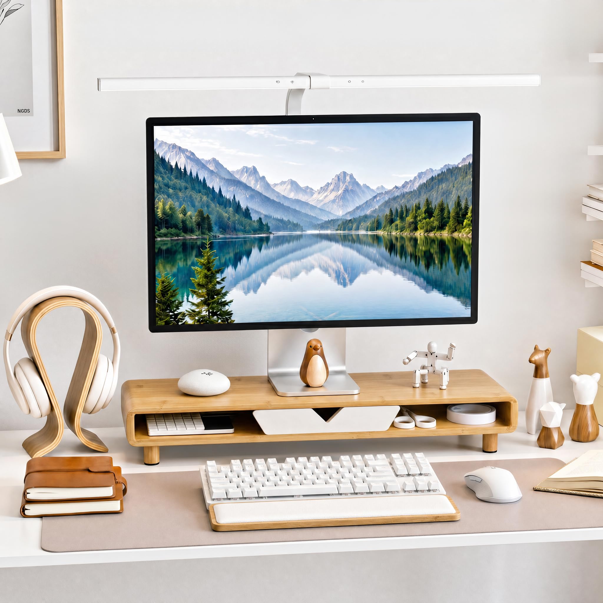 Homerays Supporto per monitor in bambù con cassetto, squisito supporto ergonomico per monitor del computer, bianco, modello di aggiornamento