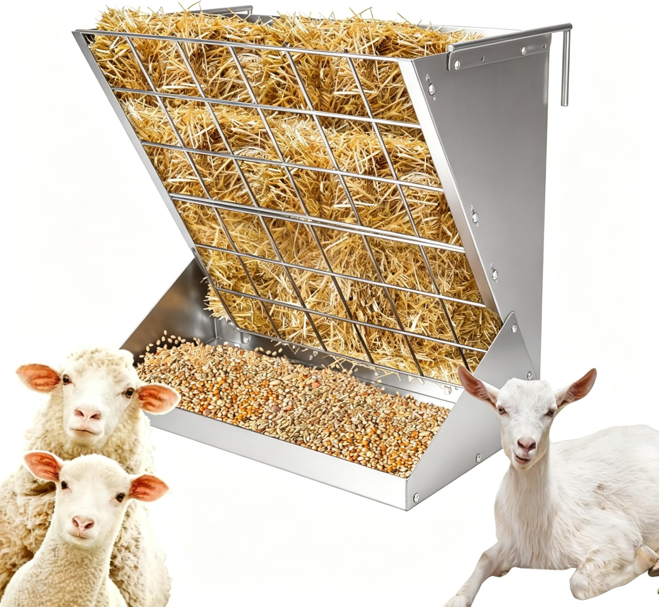Grand Râtelier à Foin 2 en 1 pour Moutons et Chèvres avec Râtelier à Nourriture, Hay & Grain/Salt Feeder en Métal, Ratelier à Nourriture pour Chevaux avec Grille de Conservation de Aliment
