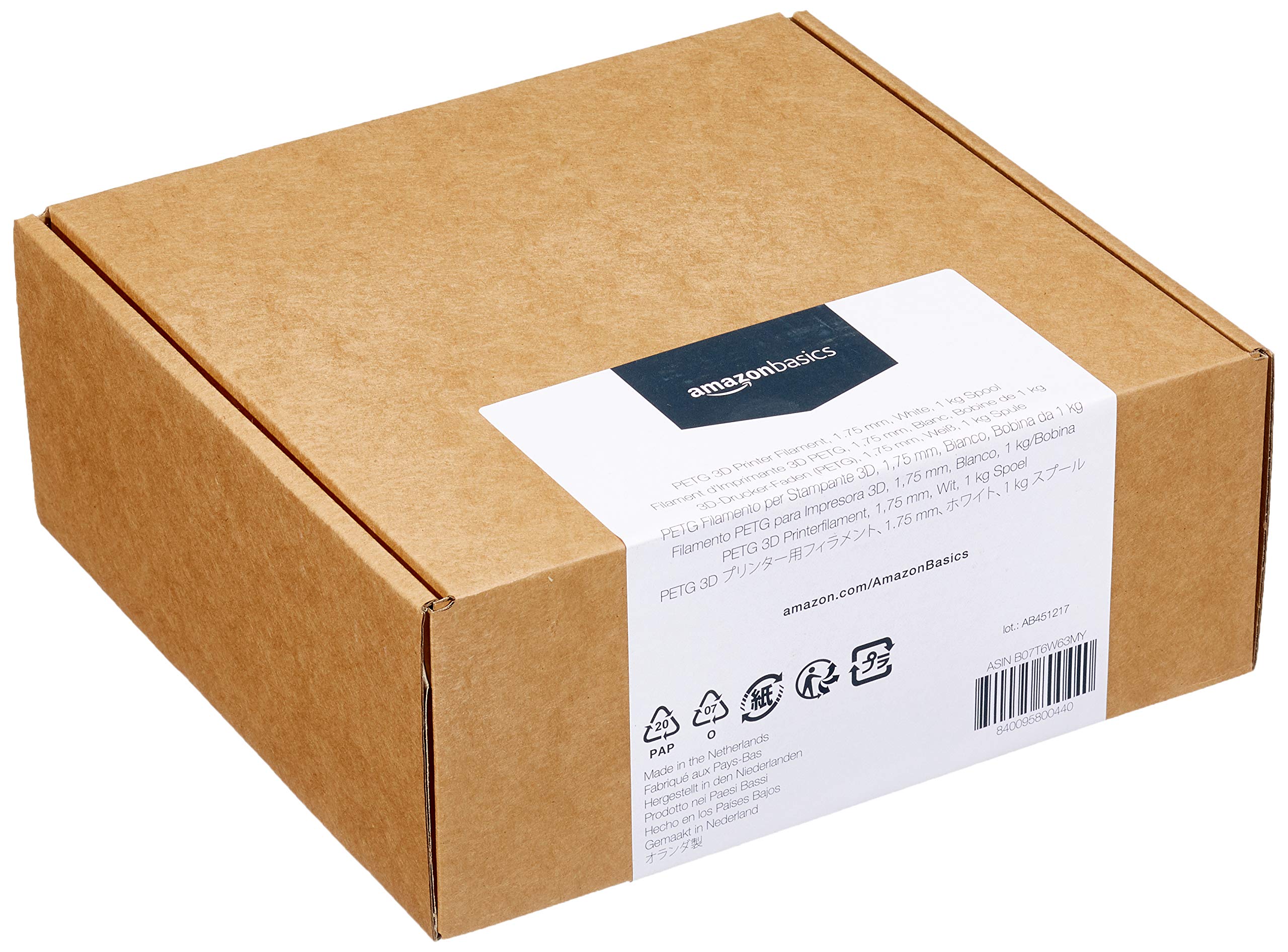 Amazon Basics Filamento per stampanti 3D, in PETG, 1.75 mm, bianco, 1 kg per bobina