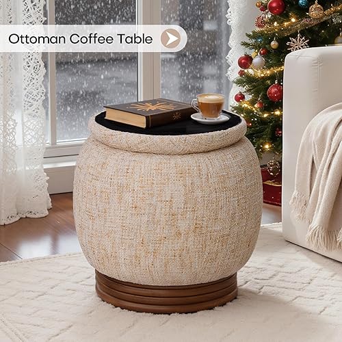 Miniatura 8 de Otomana redonda con almacenamiento, taburete de tocador, reposapiés tapizado con marco de madera resistente (500 libras), mesa de centro pequeña y