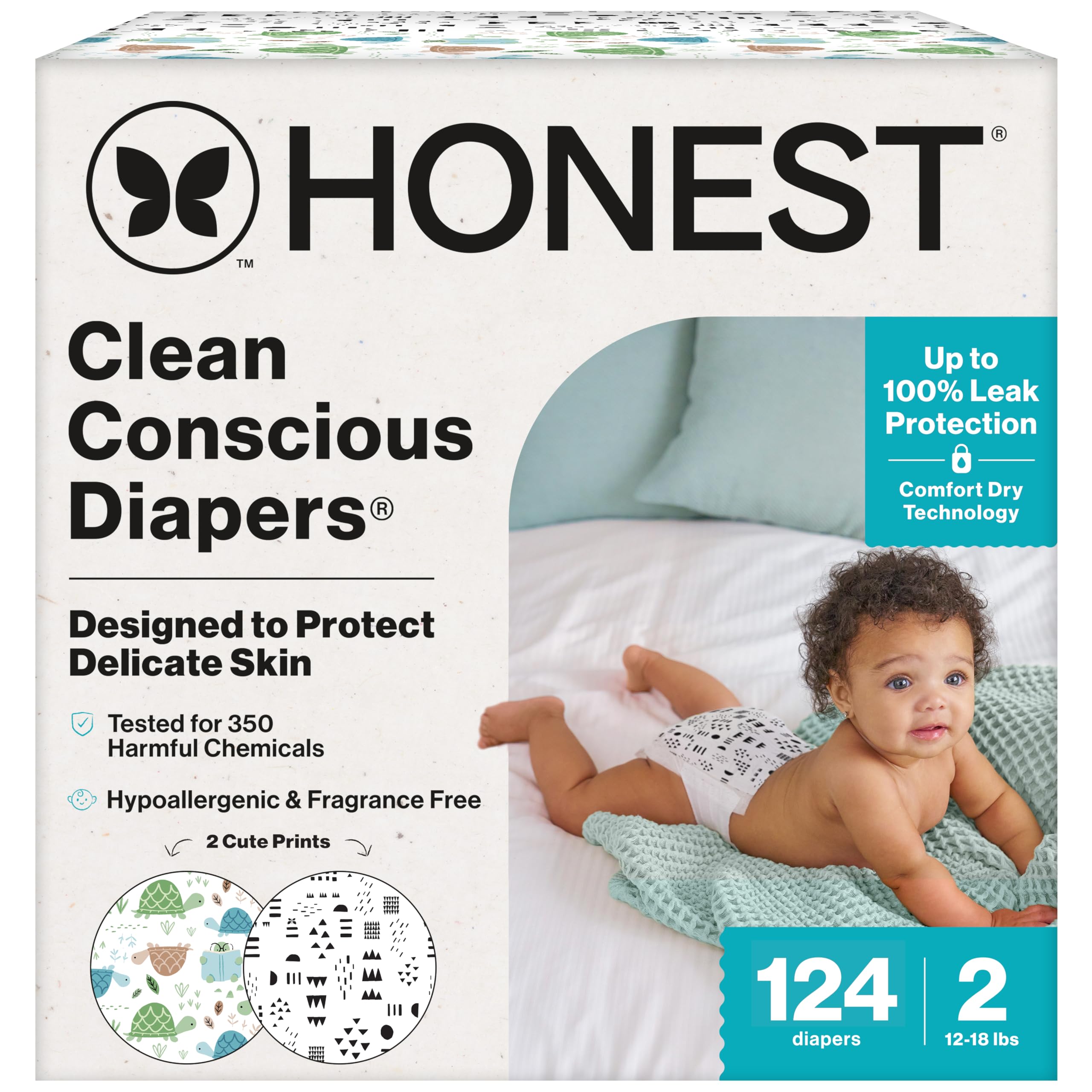 The Honest Company Comfort Dry Disposable Diapers for Sensitive Skin, Hypoallergenic, Barnyard Babies + Pattern Play, Super Club Box Size 2 (12–18 lbs), 124 Count