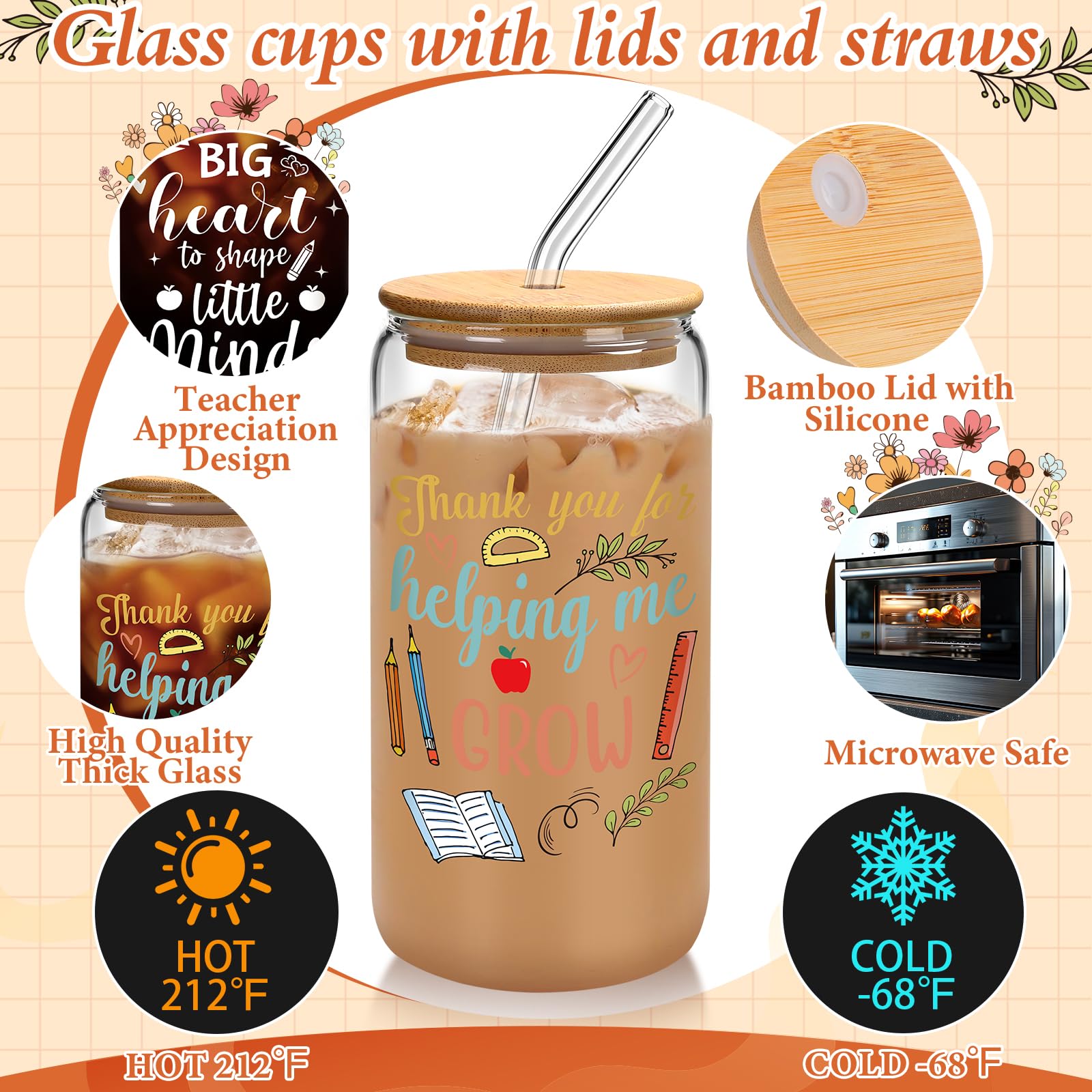 12 paquetes de regalos para profesores para mujeres y hombres, vasos de vidrio de 16 onzas con tapas y popotes, regalos de agradecimiento de agradecimiento, lata de cerveza, taza de café, taza