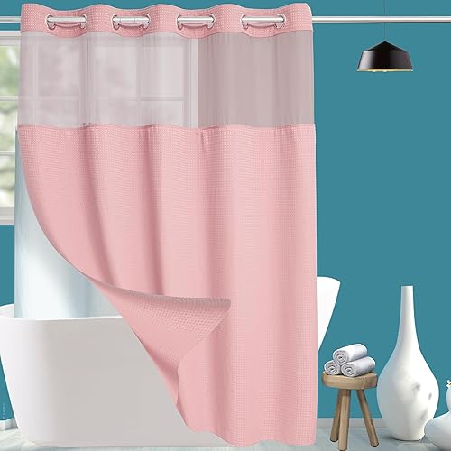 Conbo Mio Cortina de ducha sin ganchos de tejido de gofre con forro extraíble, juego de cortinas de ducha de lujo rosa para hotel, baño con ventana