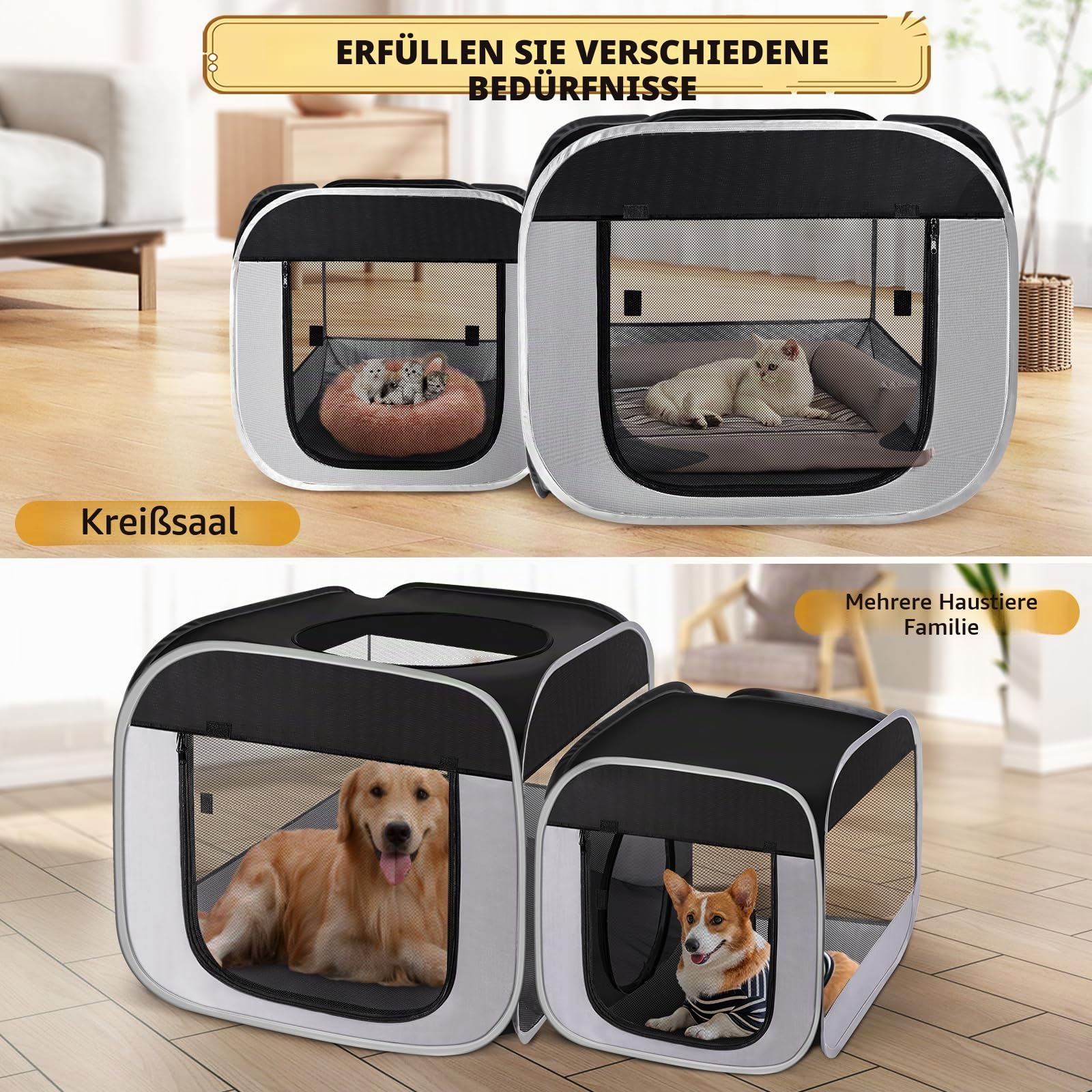 Tailtastic Großer Katzenlaufstall Katzenauslauf mit separaten Bereichen, für draußen und drinnen, tragbarer Haustier-Laufstall für Hauskatzen, Welpen und Kleintiere, Hunde-Laufstall mit Tragetasche