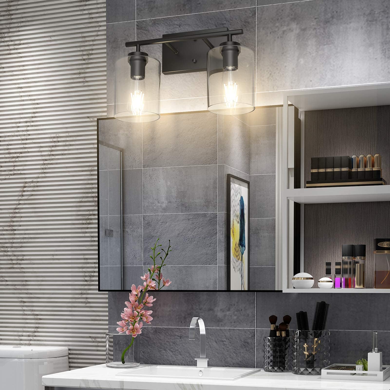 Aipsun 2 Lights Black Vanity Light Fixtures Over Mirror with Clear Glass Shades Industrial Wall Light Fixture for Bathroom(Exclude Bulb)