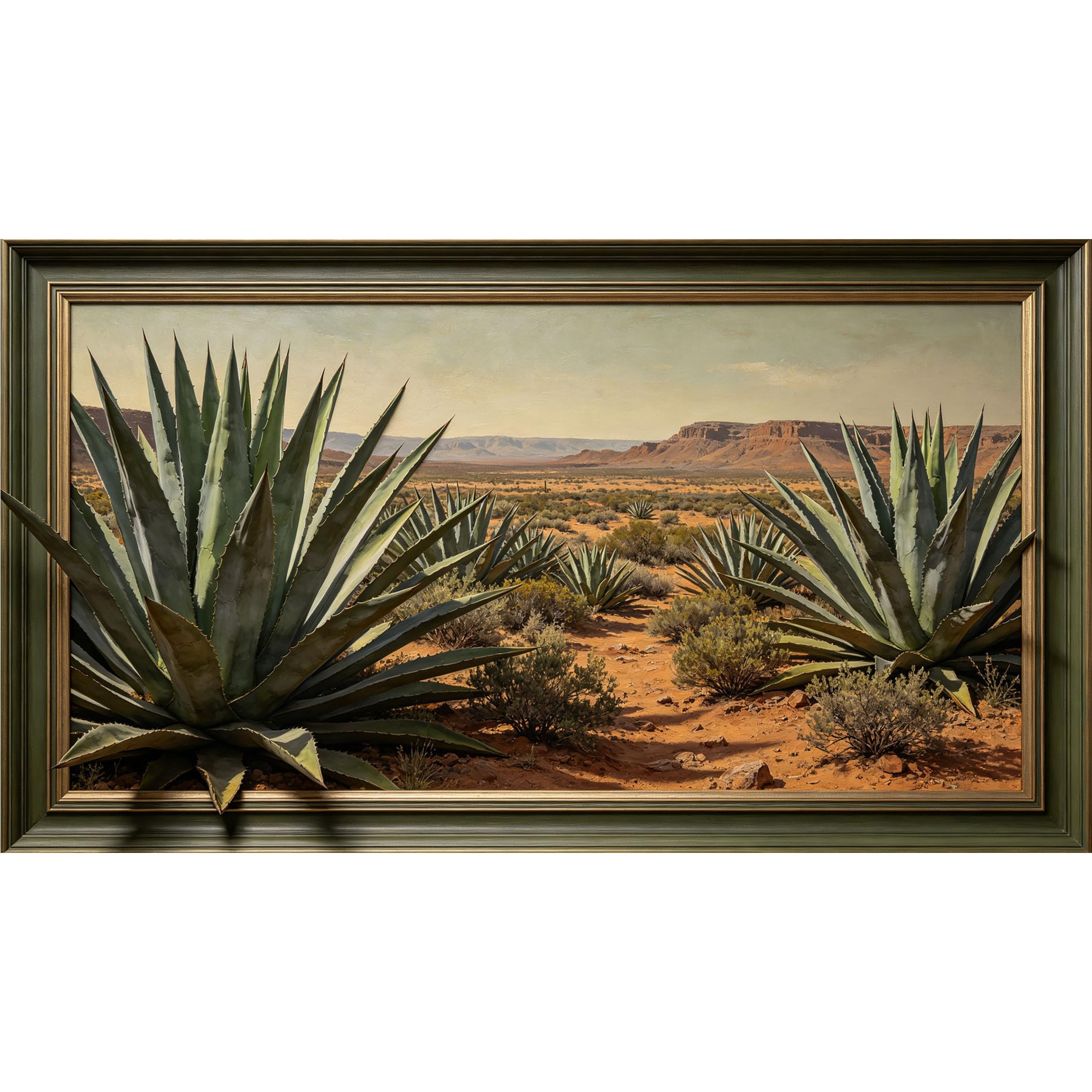 QZLITHOTIC 50×90cm3D Framed Wall Art， Desert Agave Landscape Southwestern Botanical Oil Painting Self?Adhesive Mural， Water?Activated Peel & Stick Fabric Decor Wall Decal for Bedroom Living Room