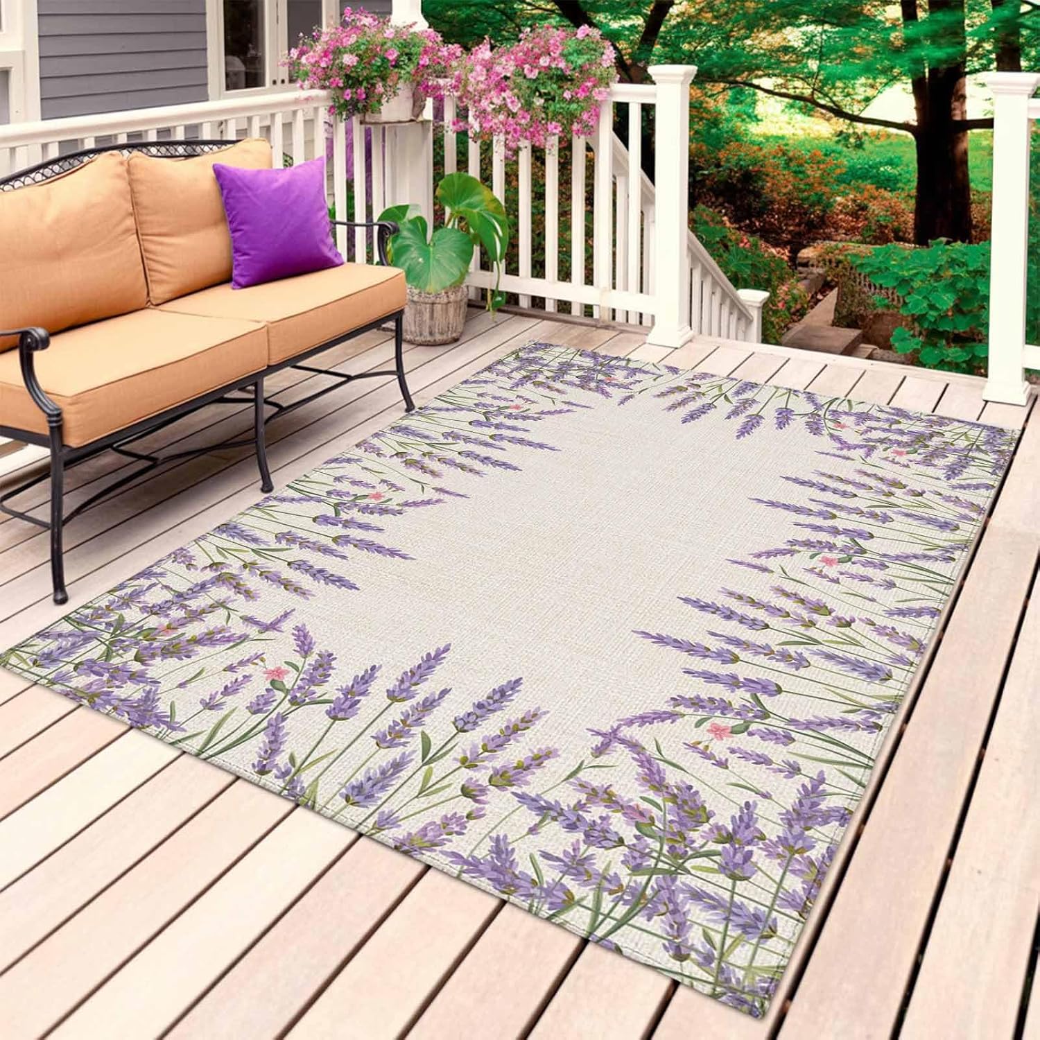 Outdoor Patio Rugs Lavender Side Outdoor Area Rug Floral Purple Plant Non-Slip Backyard/Camping RV Rug/Deck/Porch Rug Front Door Floor Mat Carpet,4x6ft,