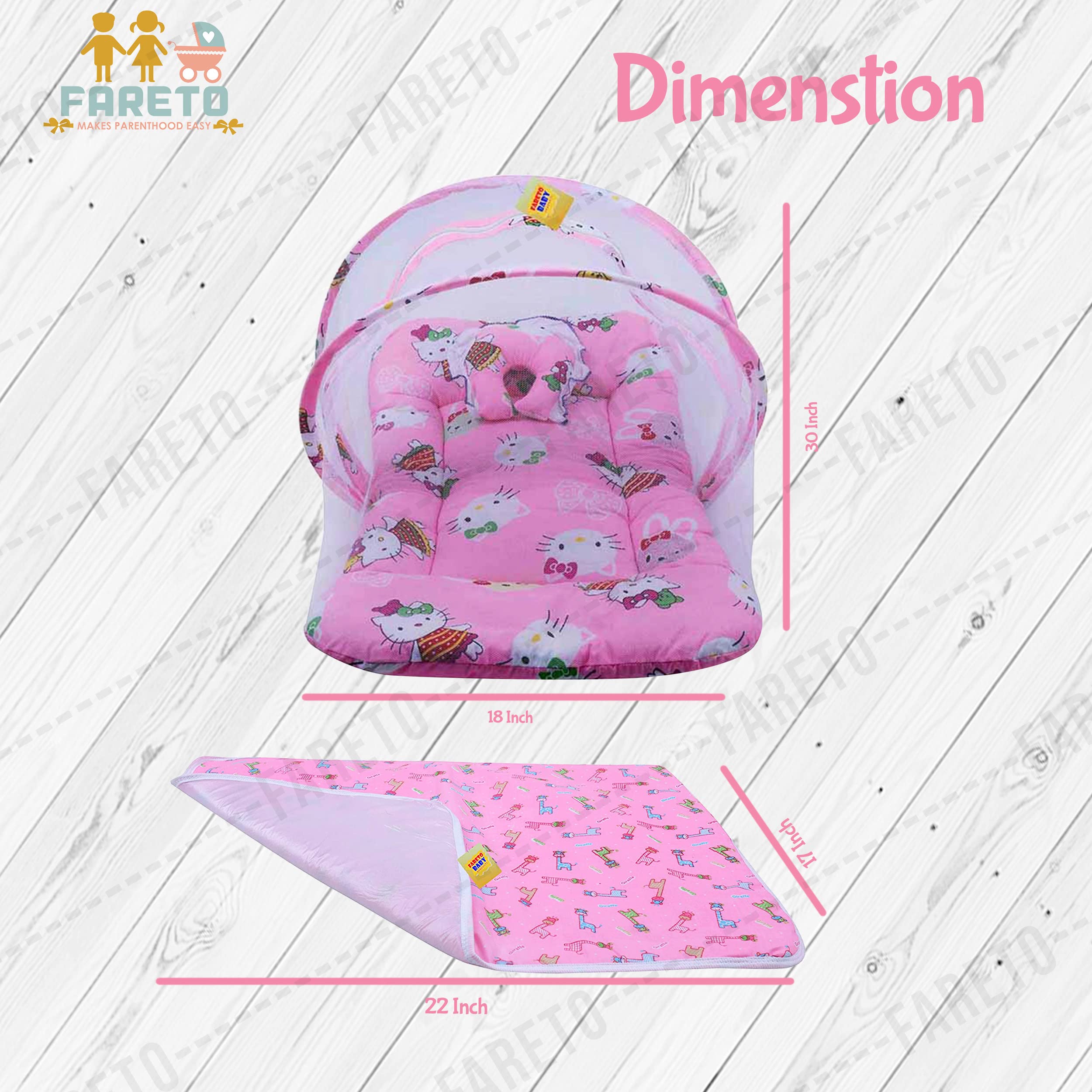 Fareto Born Baby Combo of 1 Mosquito Net Bed and 4 Plastic Changing Diapers Mat/Massage Mat/Protection Mat(0-6 Months)(Pink Teddy) - Image 6 thumbnail